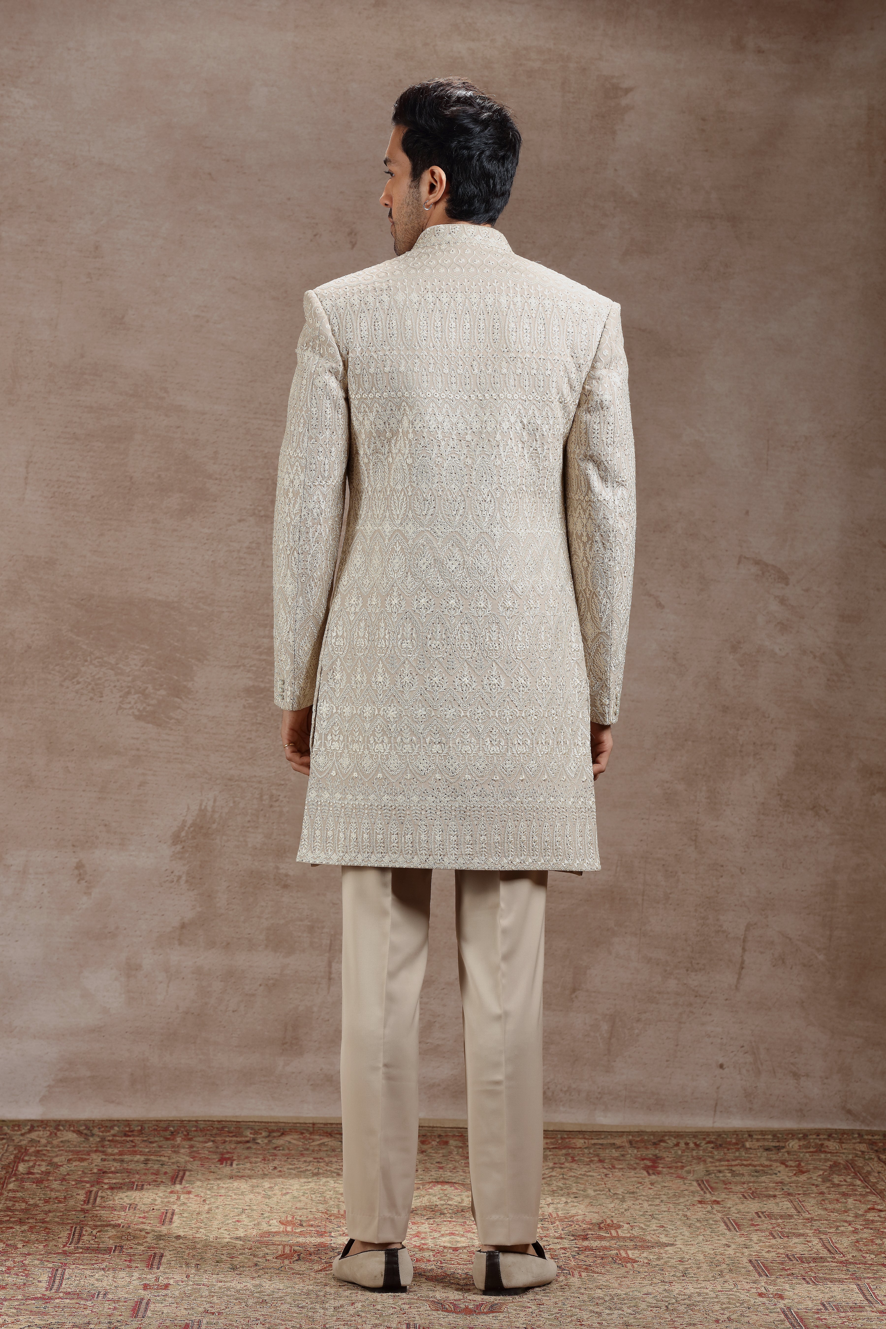 Beige Silk Indowestern Set With Ivory Thread Work - Shreeman