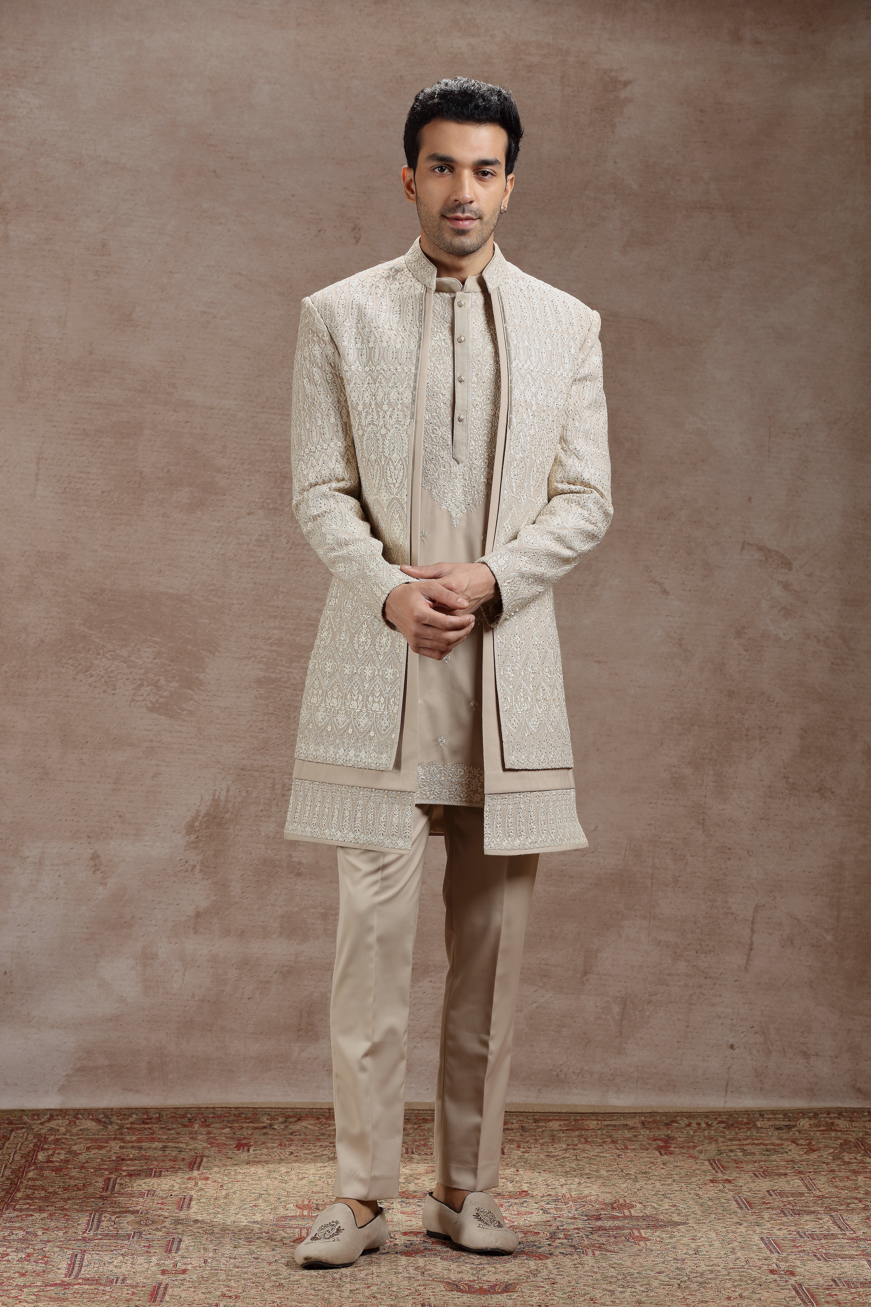 Beige Silk Indowestern Set With Ivory Thread Work - Shreeman