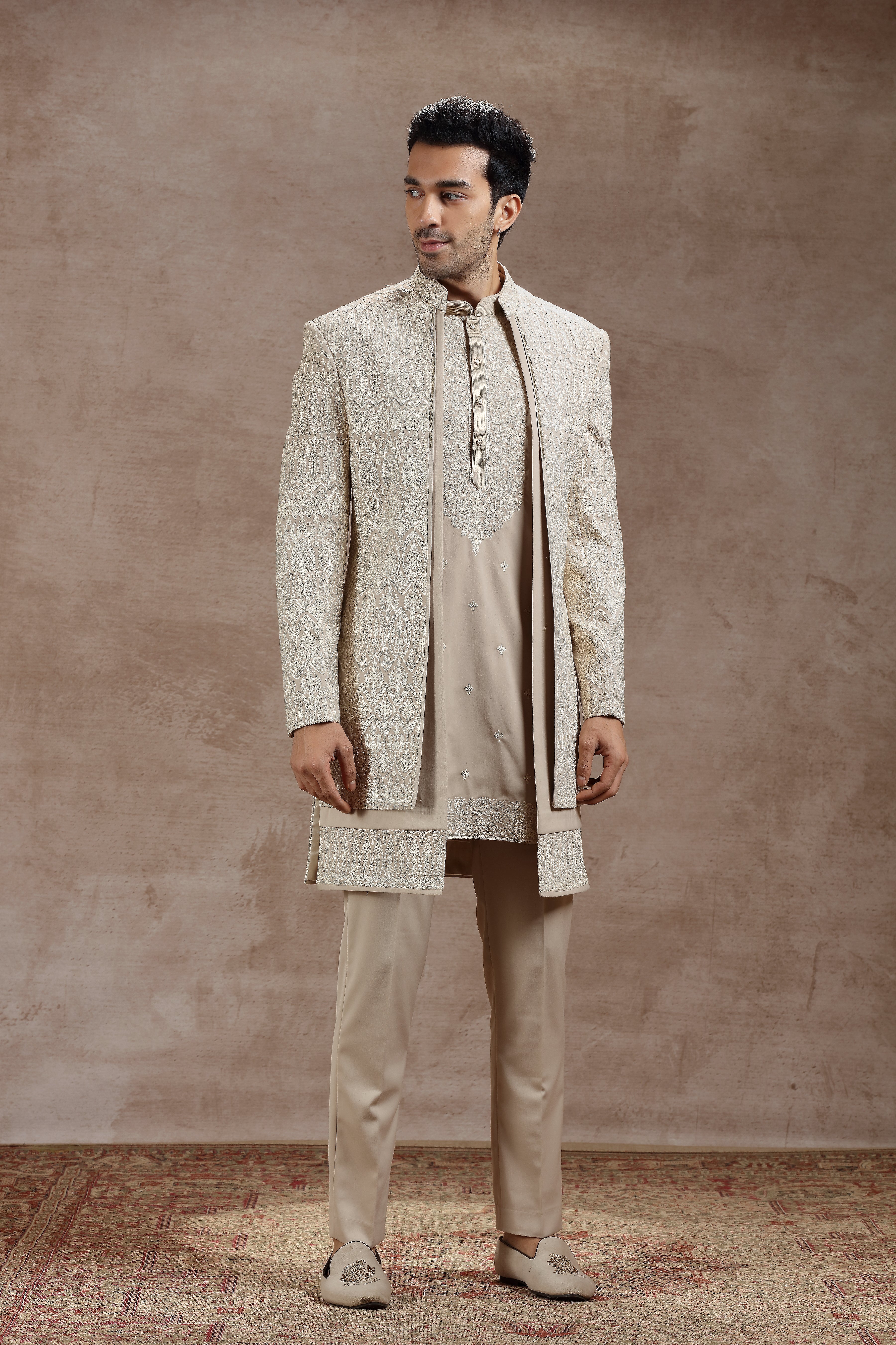 Beige Silk Indowestern Set With Ivory Thread Work - Shreeman
