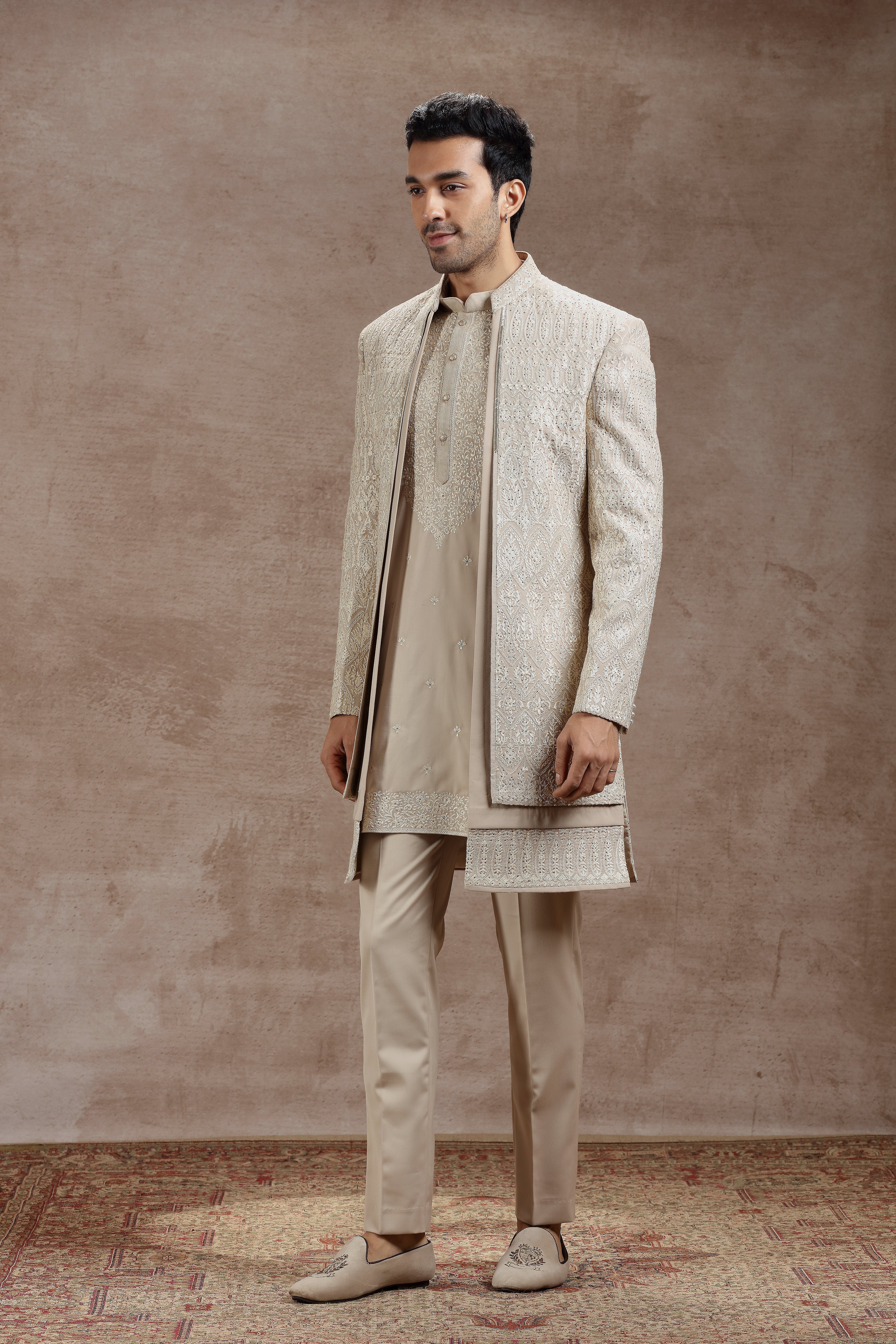 Beige Silk Indowestern Set With Ivory Thread Work - Shreeman