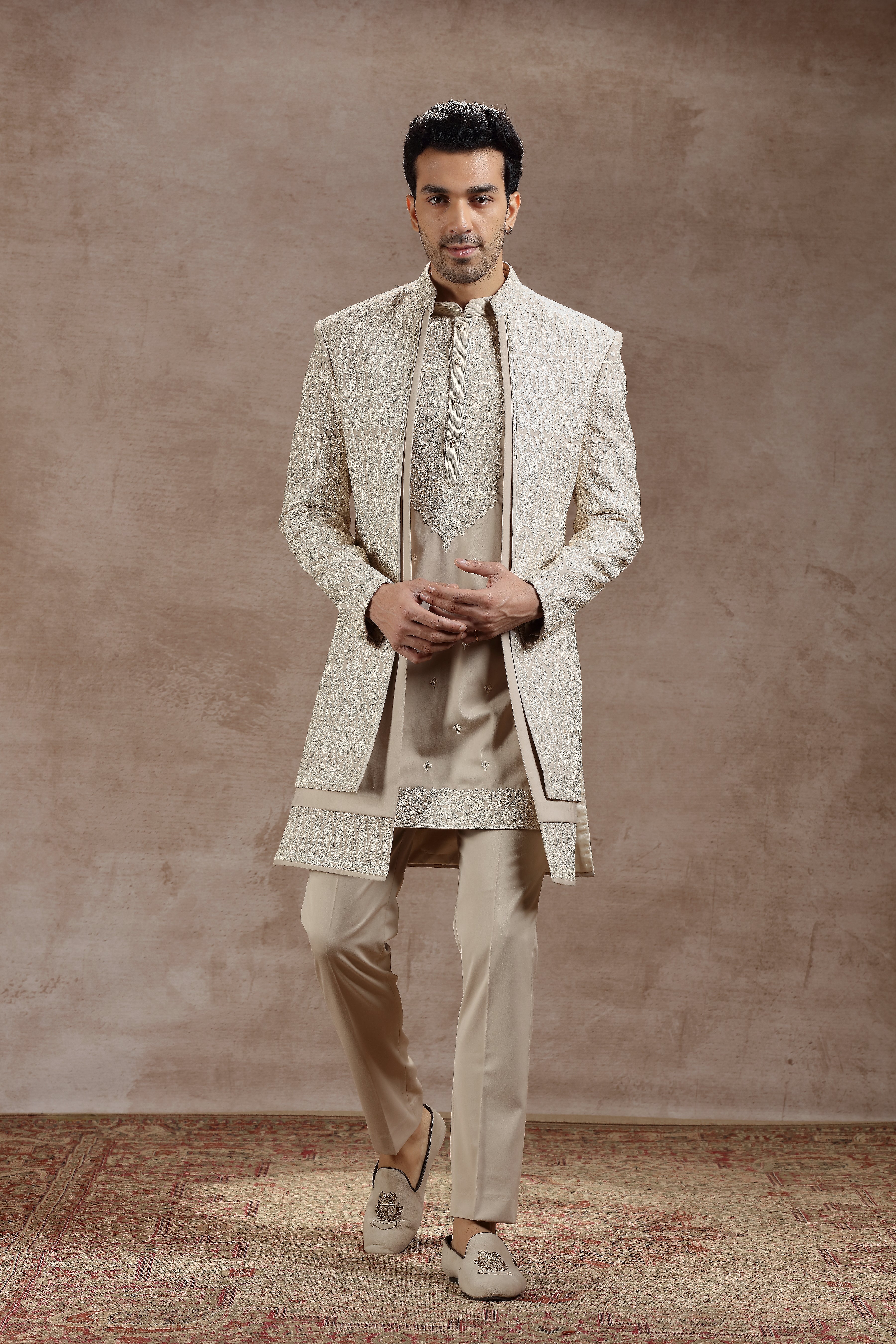 Beige Silk Indowestern Set With Ivory Thread Work - Shreeman