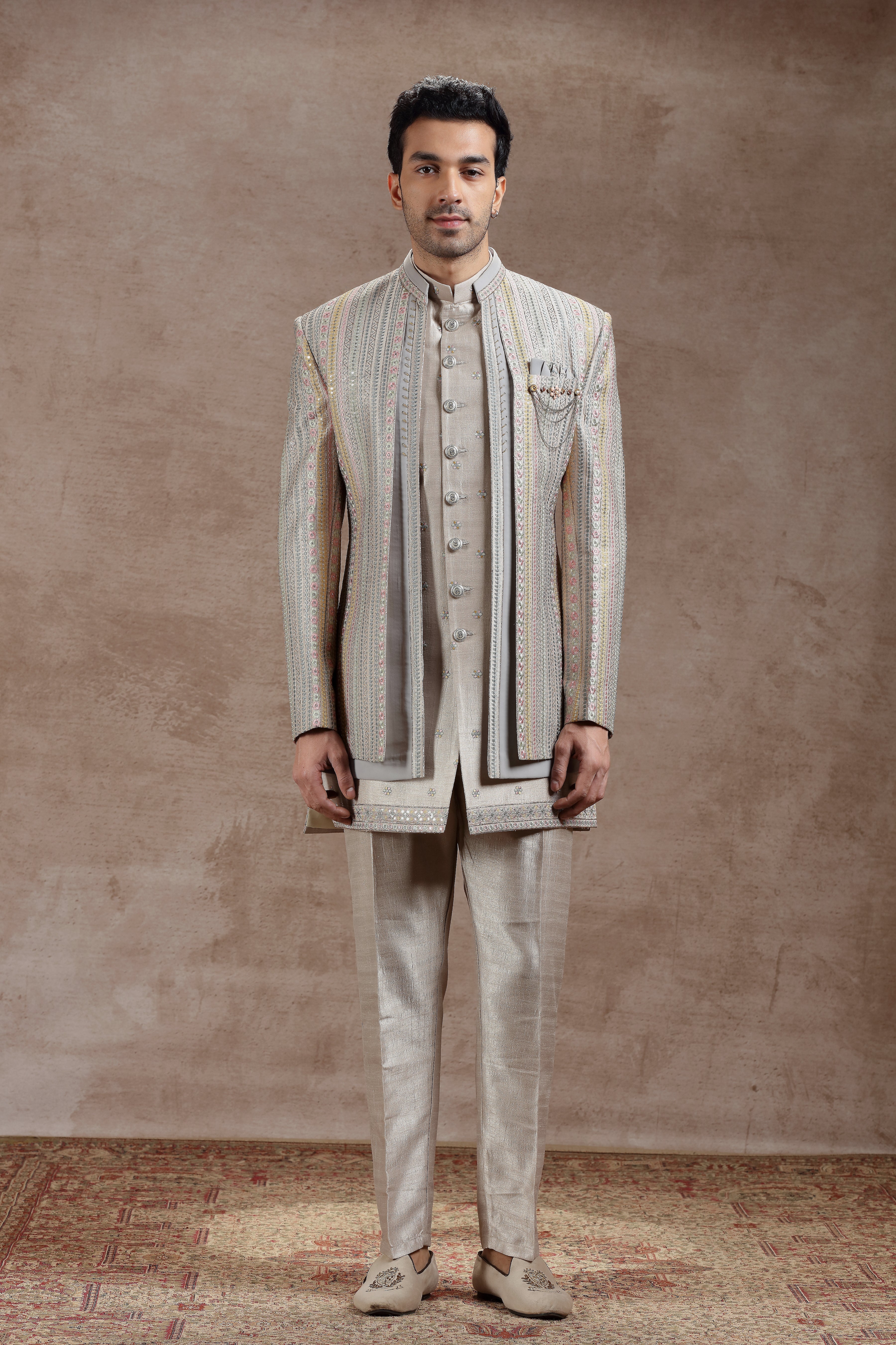 Silver Silk Indowestern With Multicolor Embroidery - Shreeman