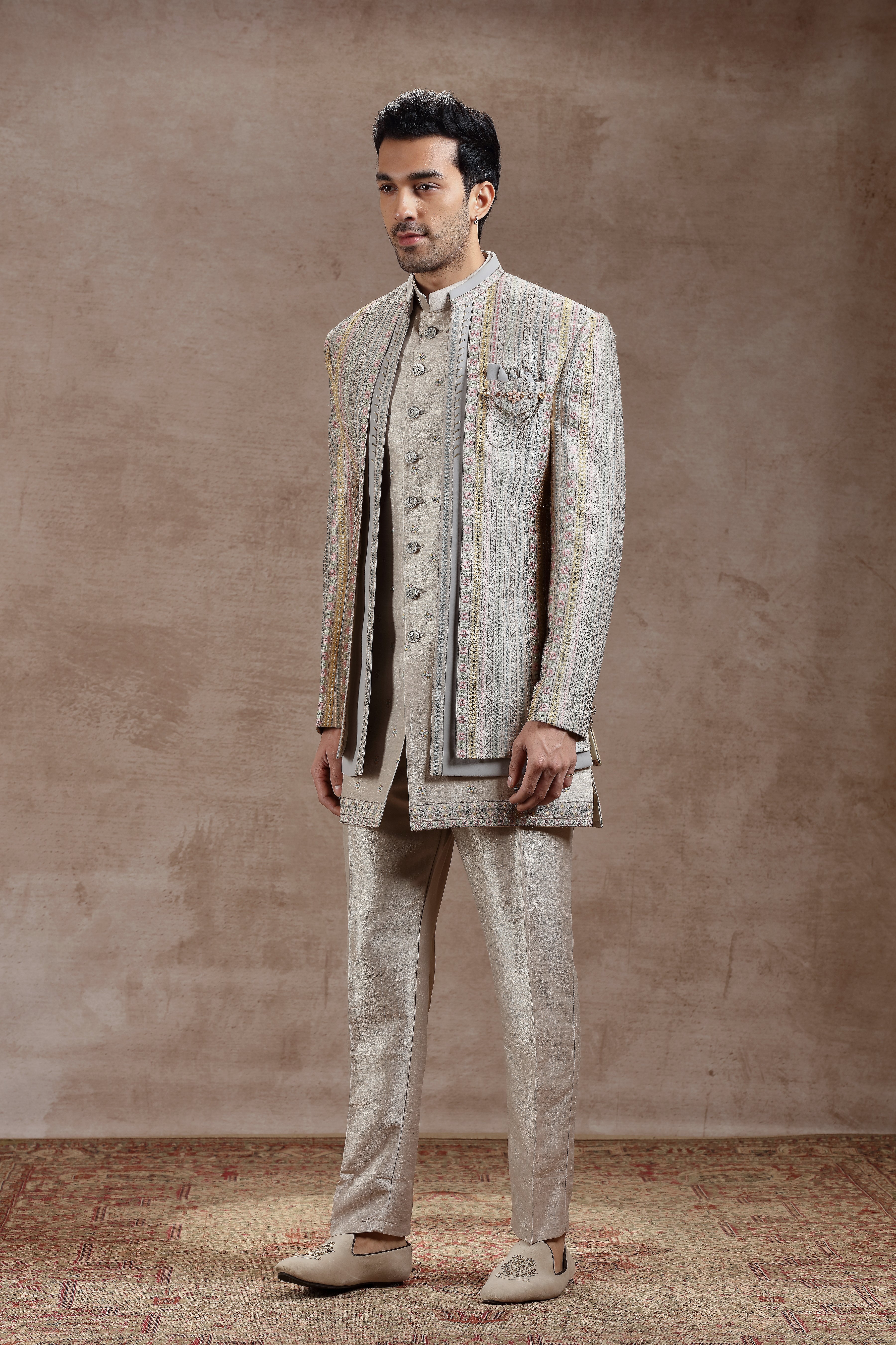 Silver Silk Indowestern With Multicolor Embroidery - Shreeman