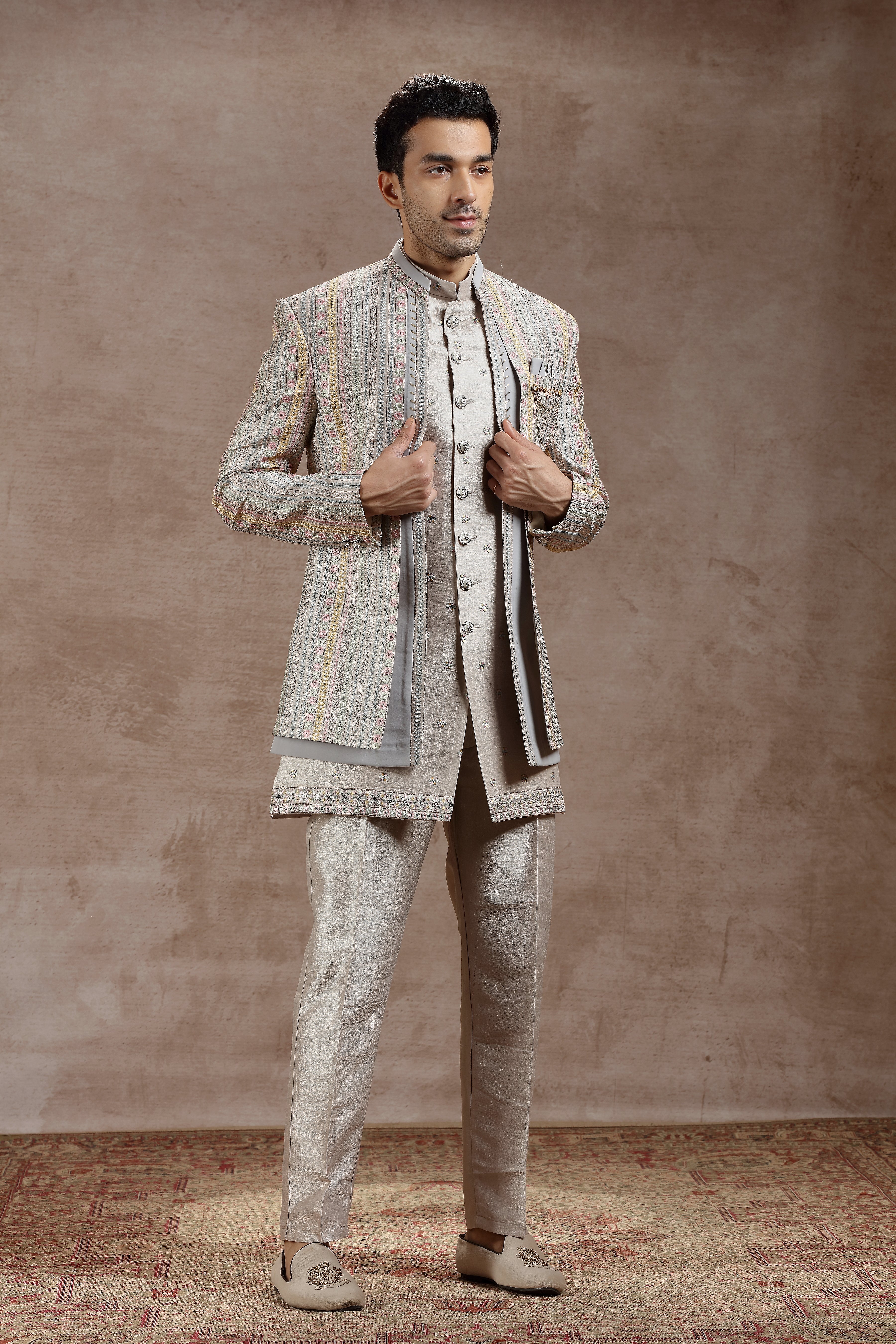 Silver Silk Indowestern With Multicolor Embroidery - Shreeman