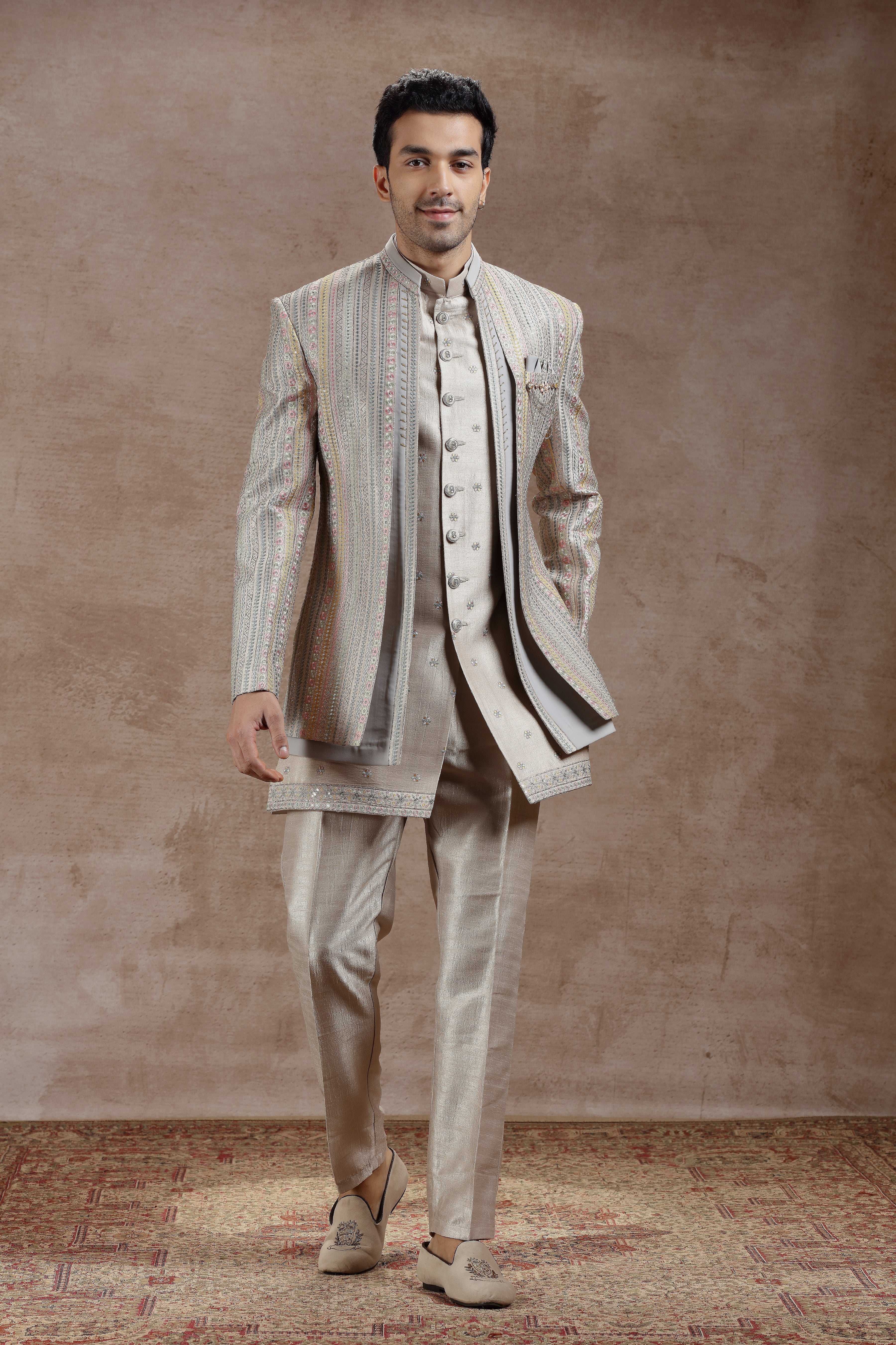 Silver Silk Indowestern With Multicolor Embroidery - Shreeman
