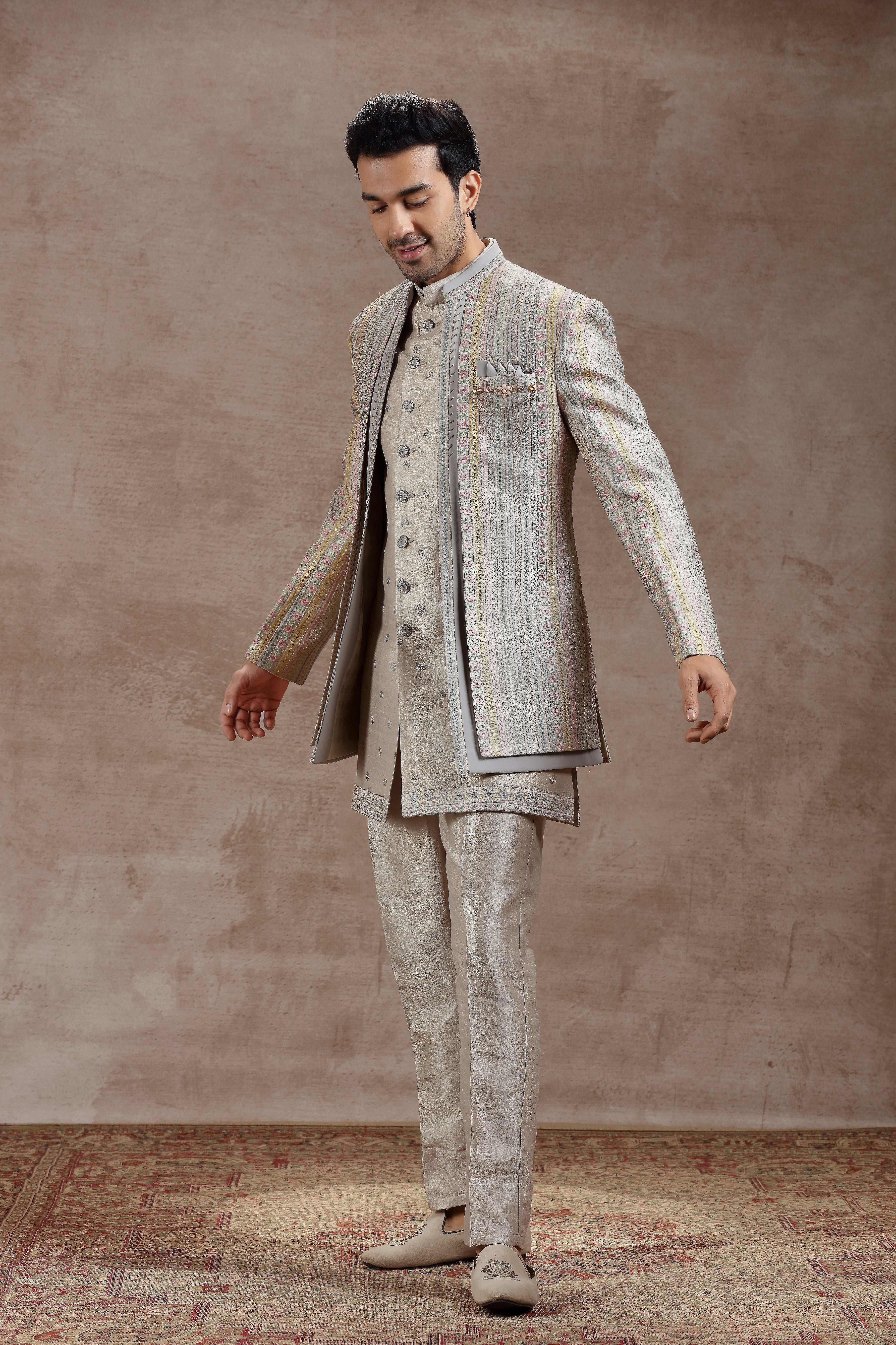 Silver Silk Indowestern With Multicolor Embroidery - Shreeman