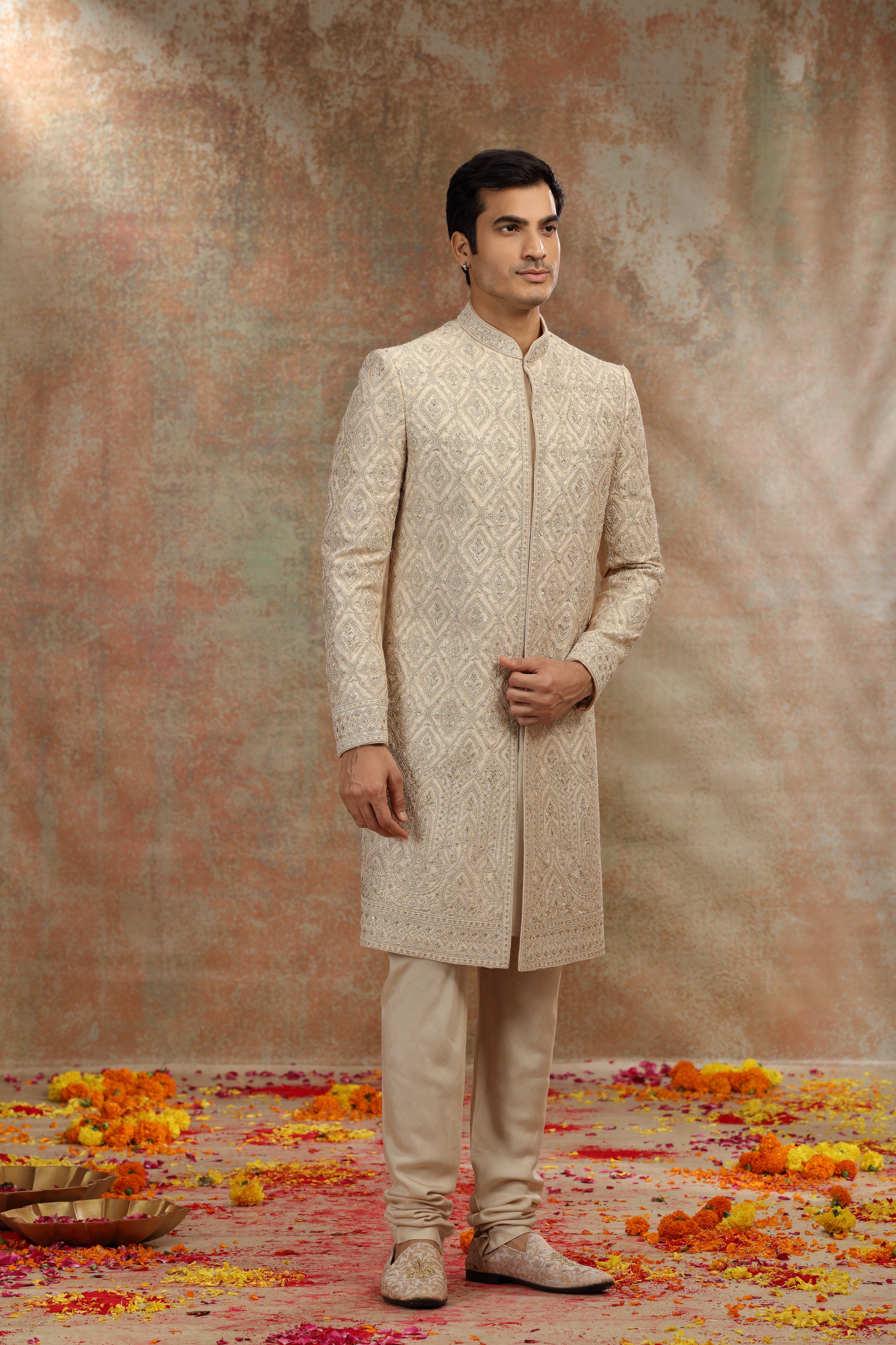 Gold Beige Silk Sherwani with Dori Zardosi Work