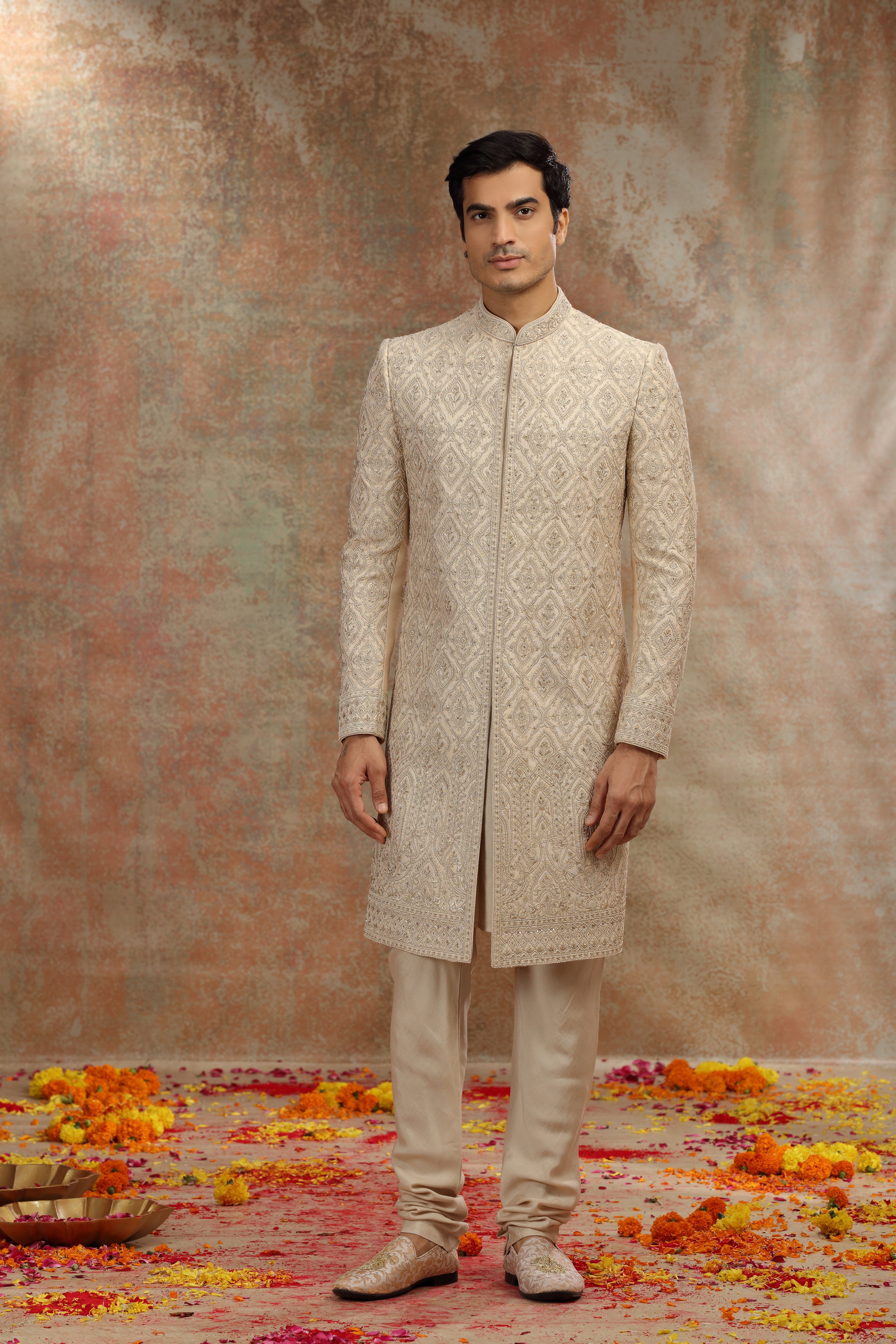 Gold Beige Silk Sherwani with Dori Zardosi Work