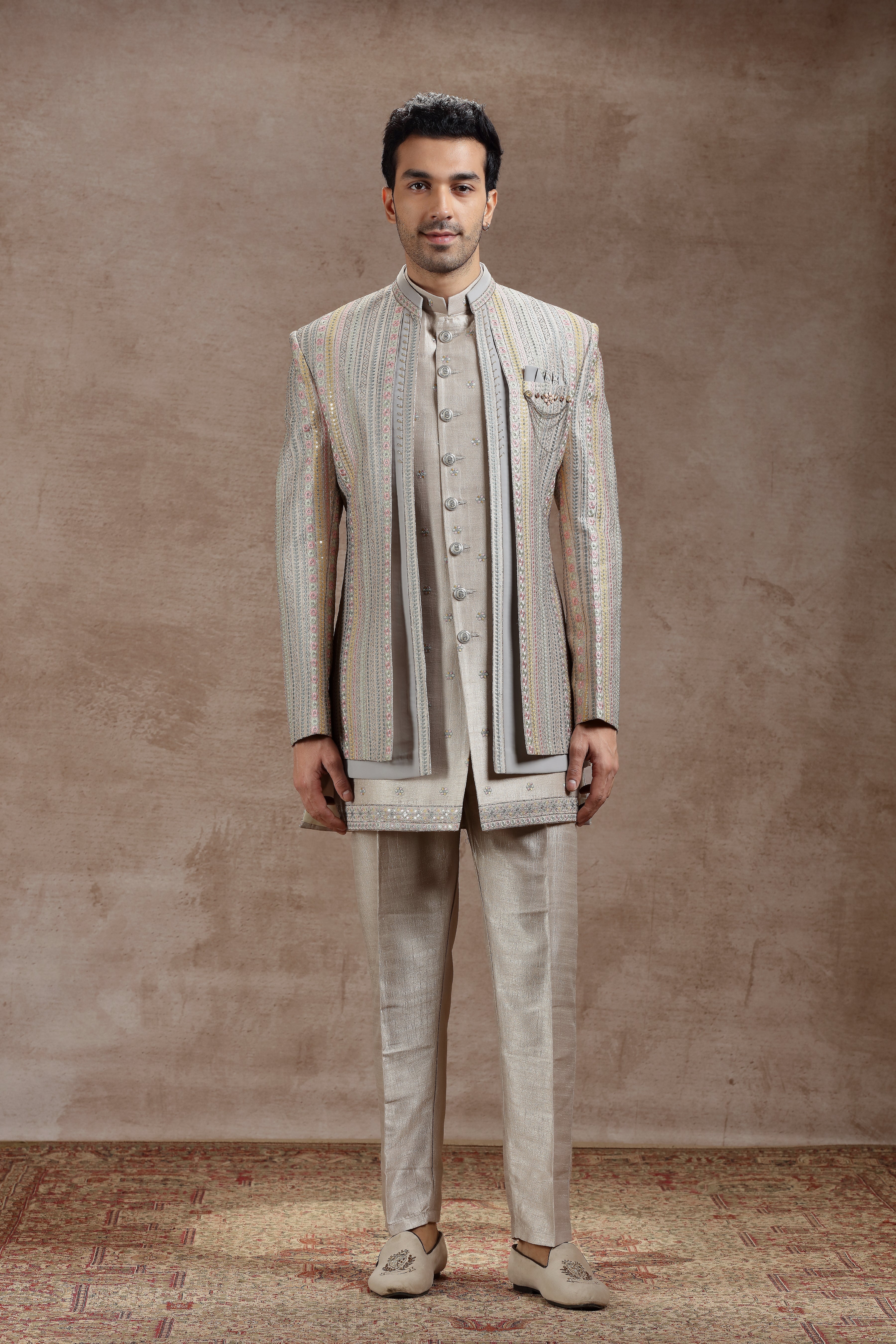 Silver Silk Indowestern With Multicolor Embroidery - Shreeman
