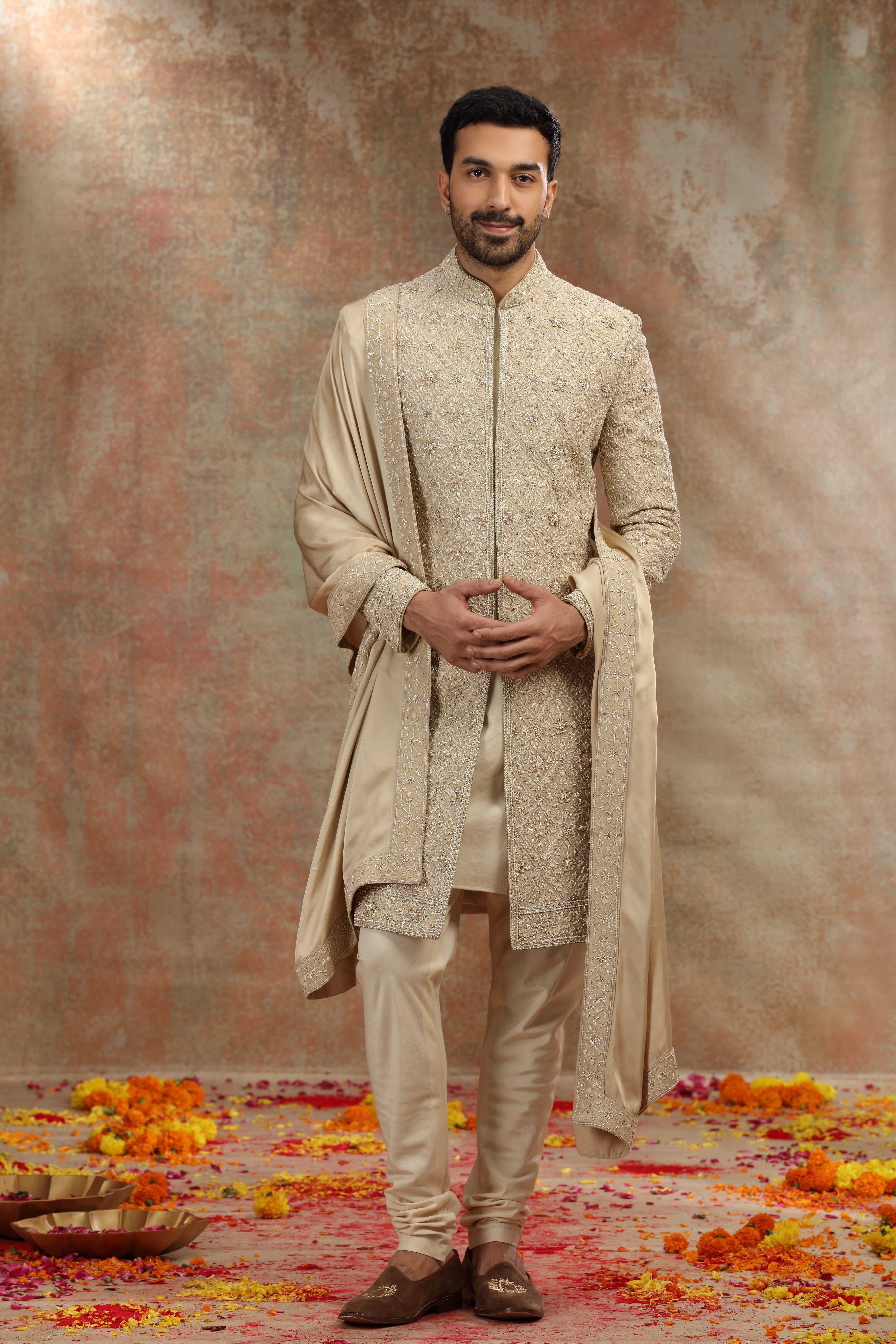Golden Silk Tissue Sherwani with Zardosi Work