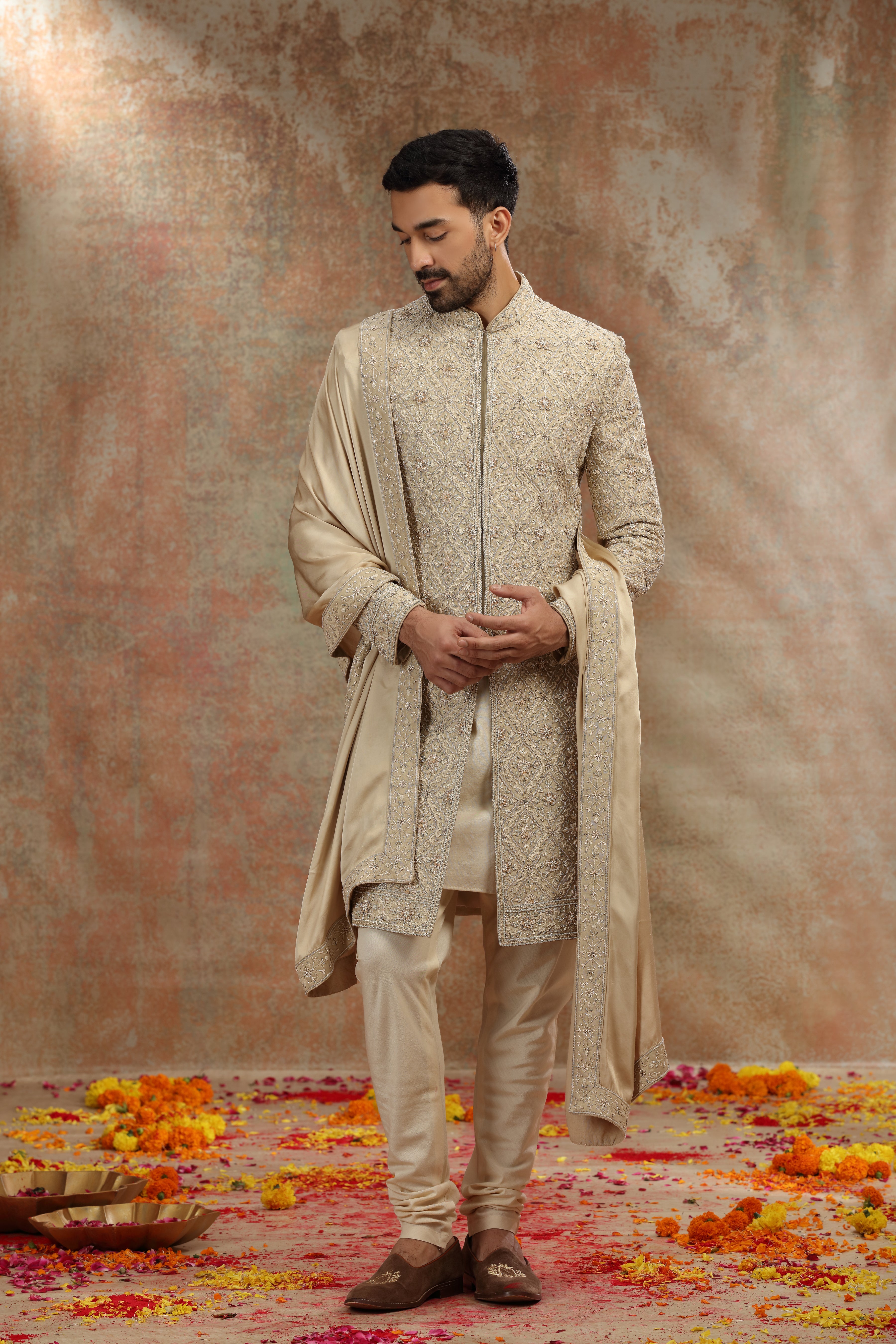 Golden Silk Tissue Sherwani with Zardosi Work