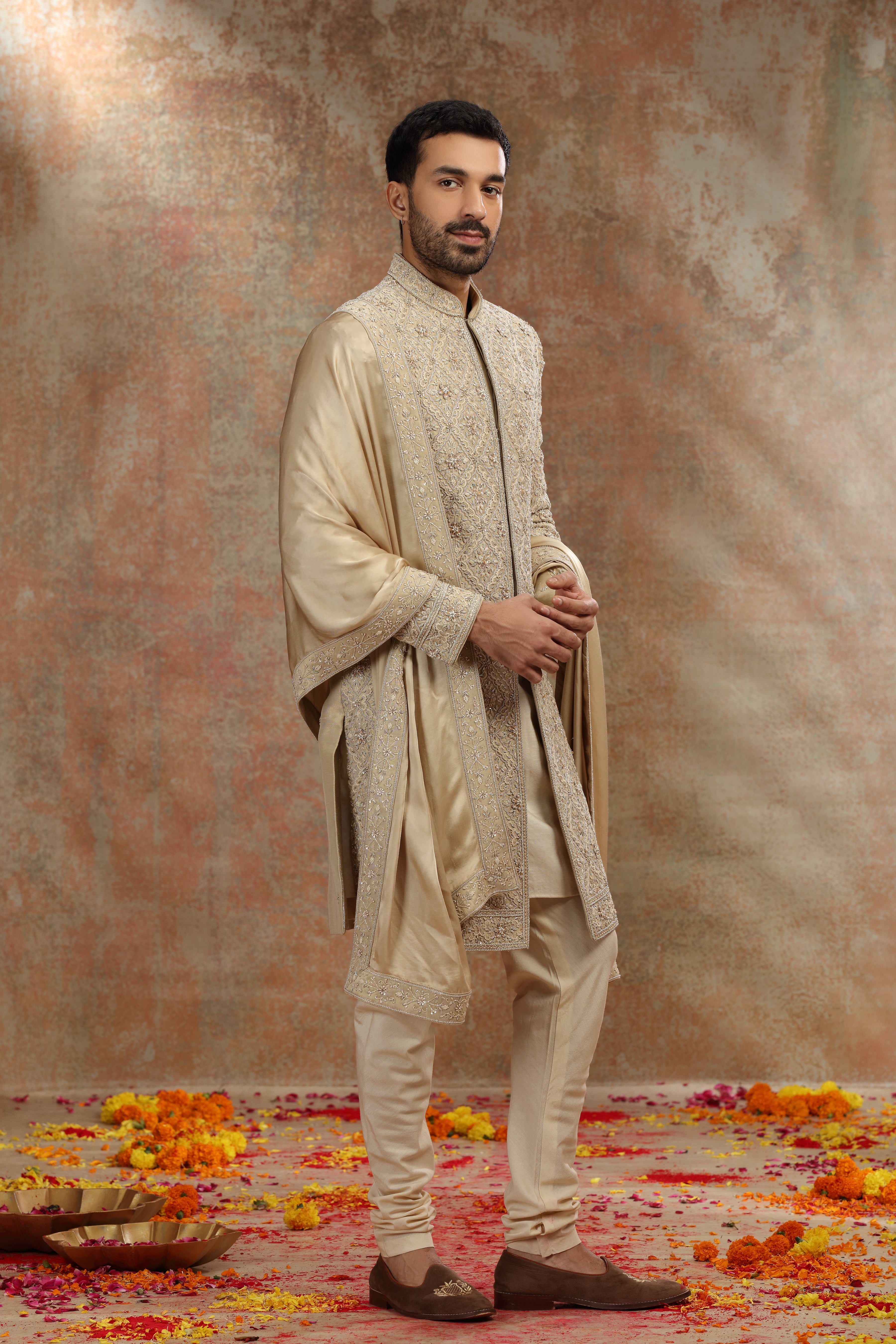 Golden Silk Tissue Sherwani with Zardosi Work
