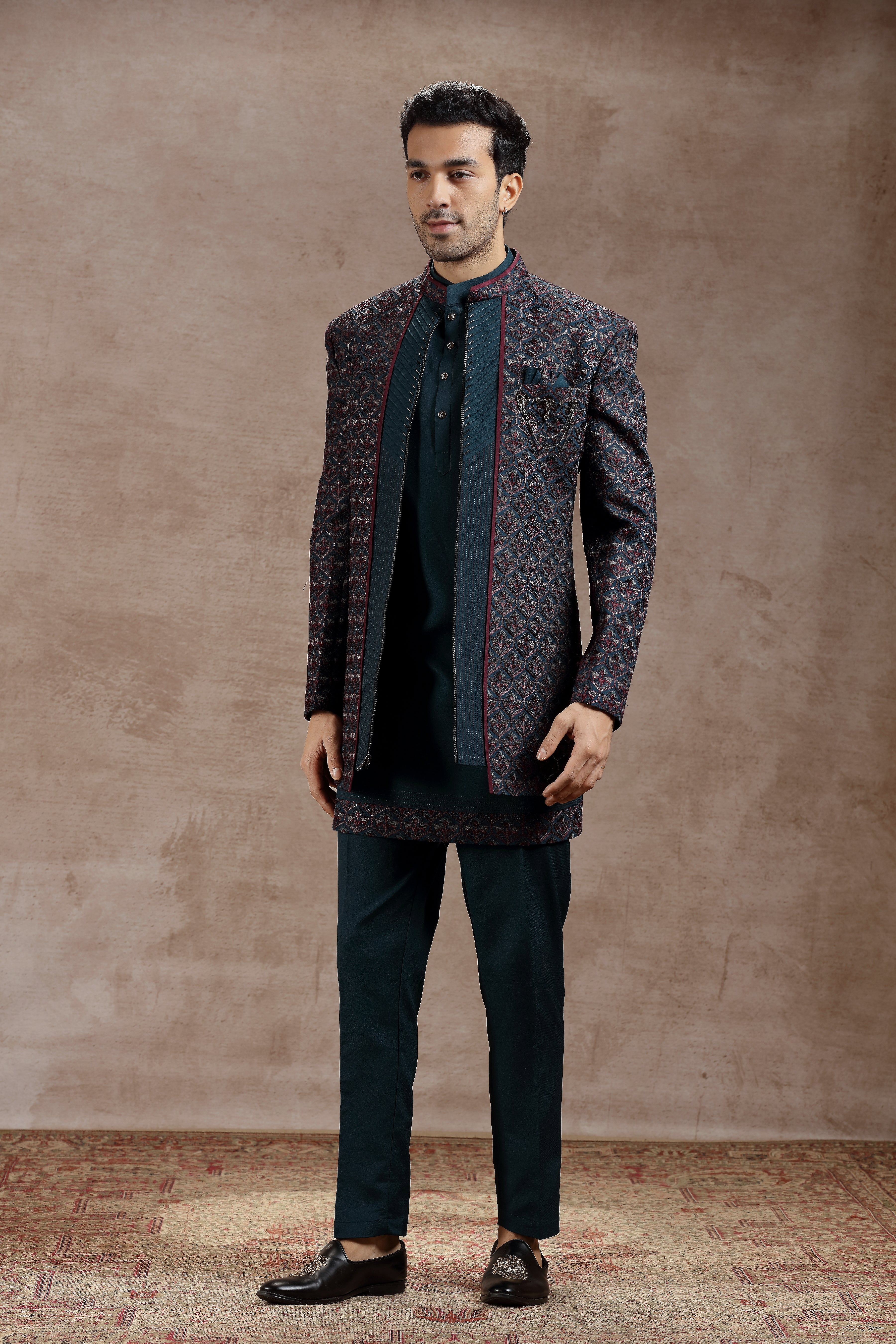 Peacock Green Silk Indowestern With Geometric Motifs - Shreeman
