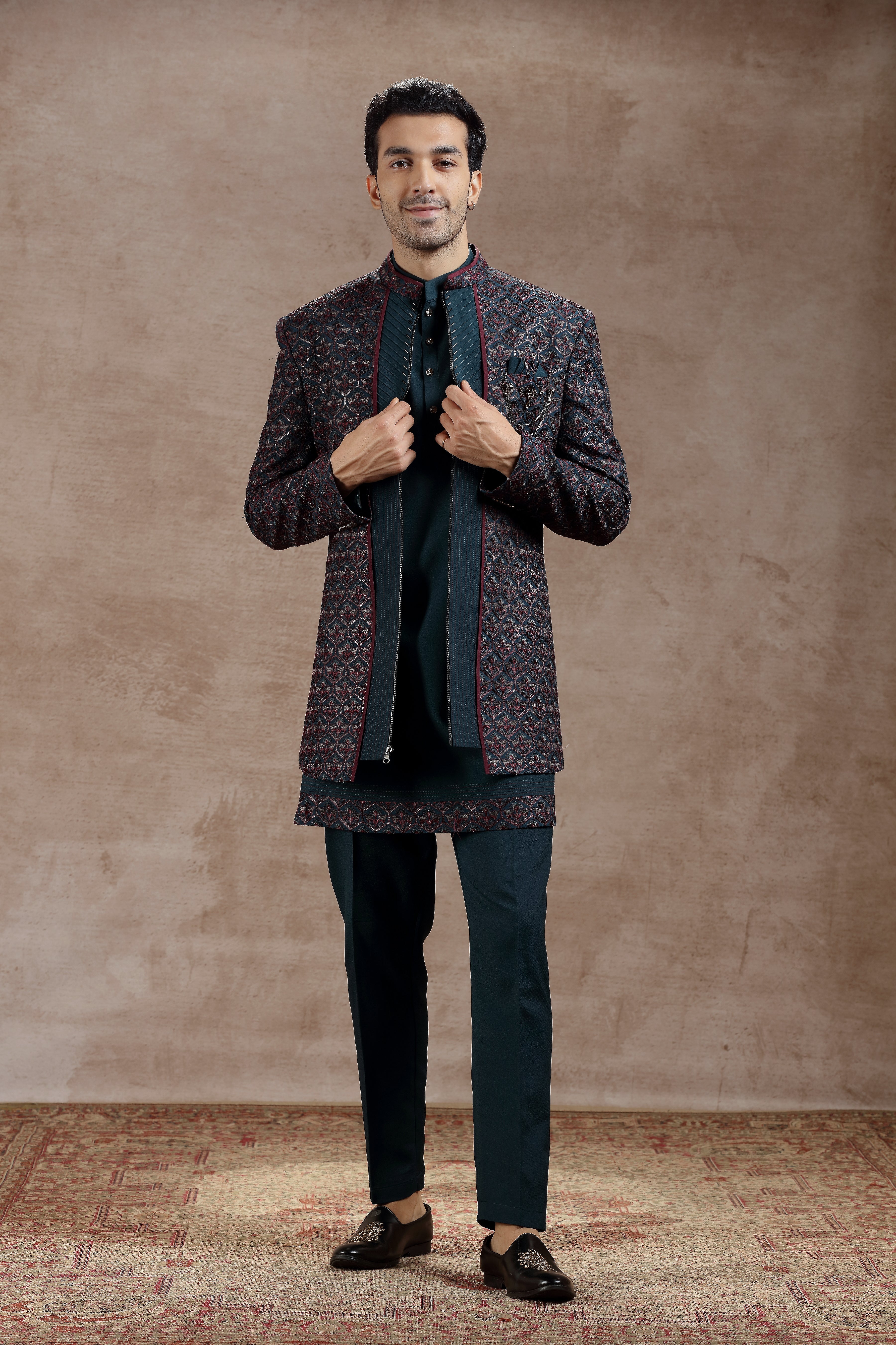 Peacock Green Silk Indowestern With Geometric Motifs - Shreeman