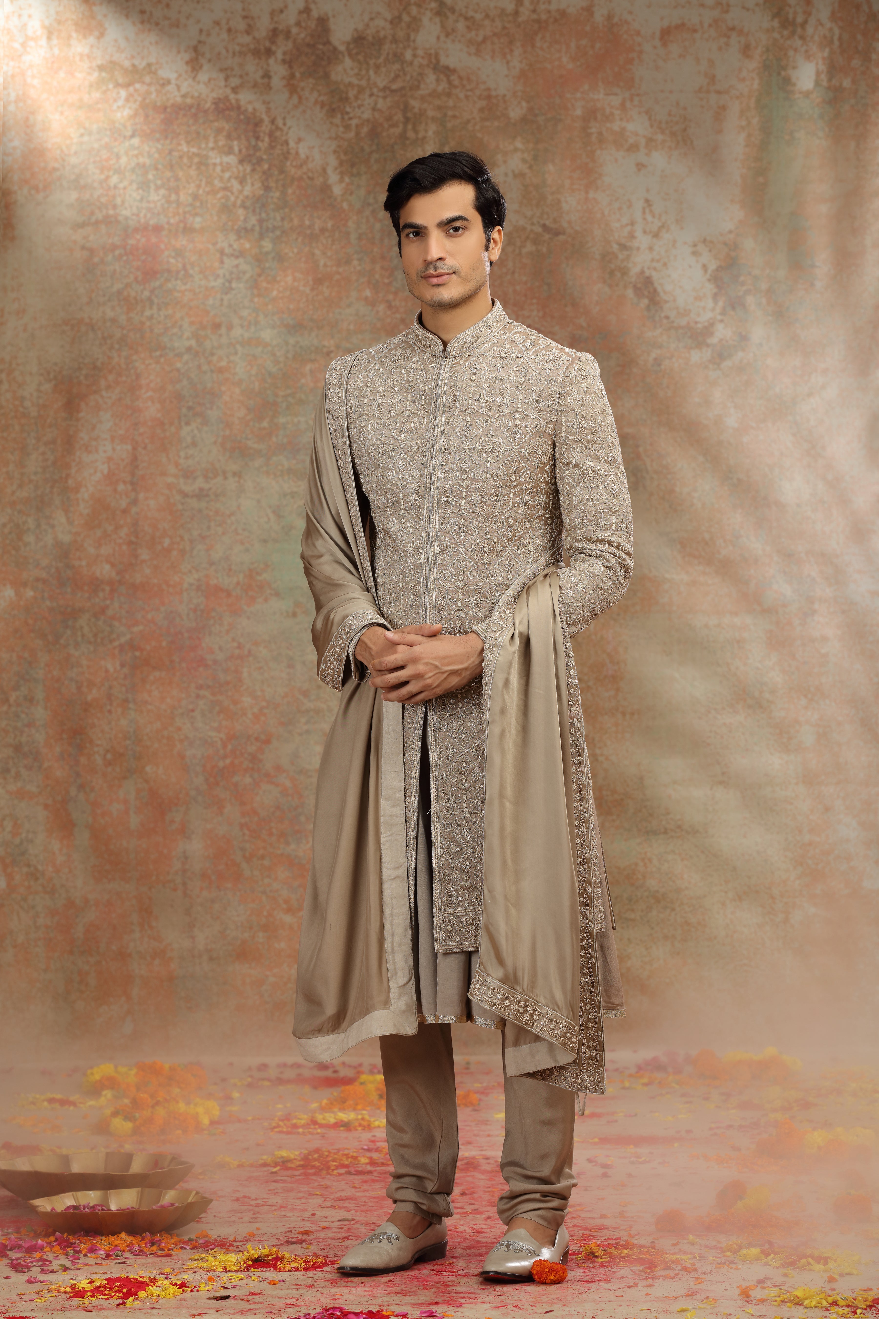 Golden Silk Tissue Sherwani with Resham Work