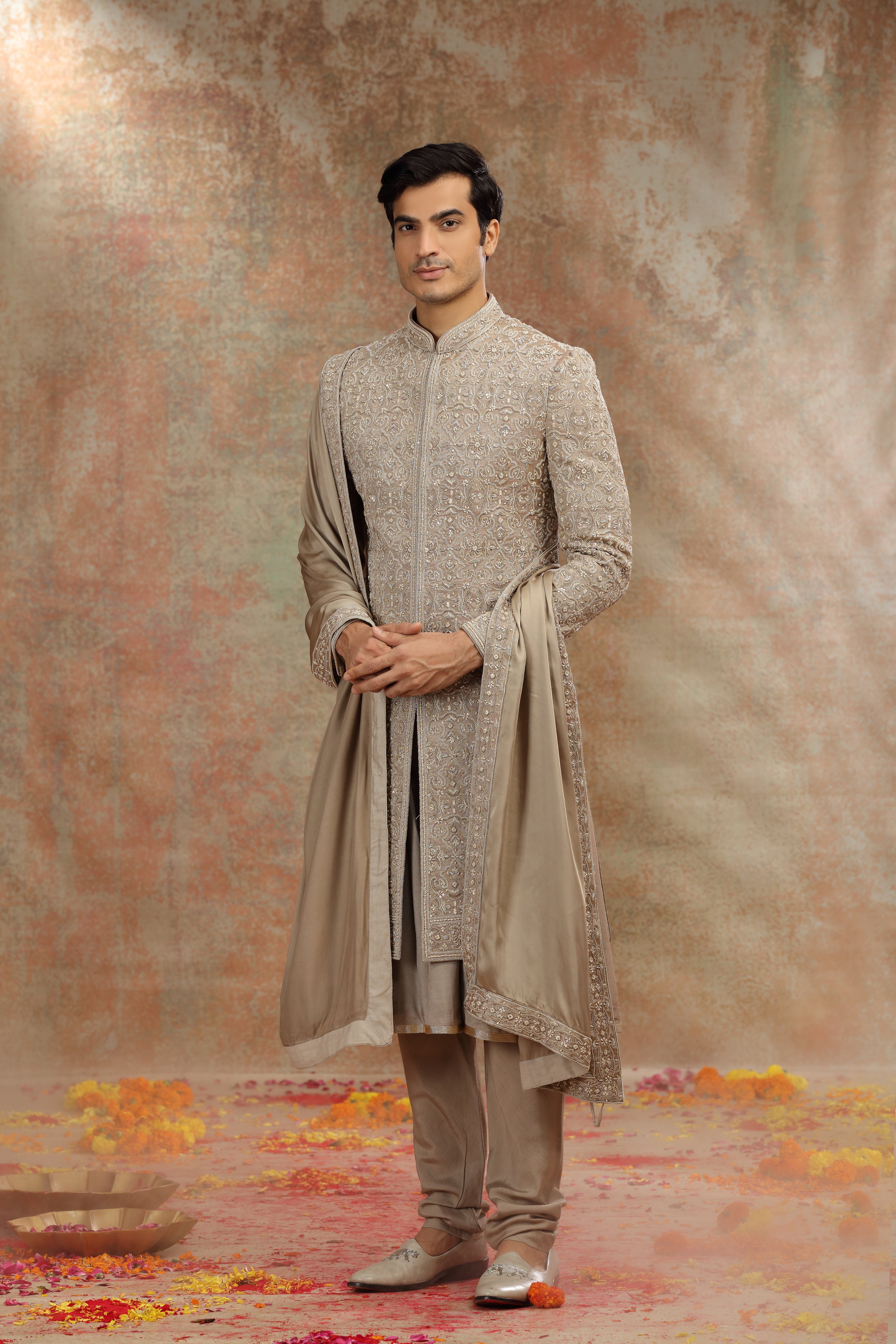 Golden Silk Tissue Sherwani with Resham Work