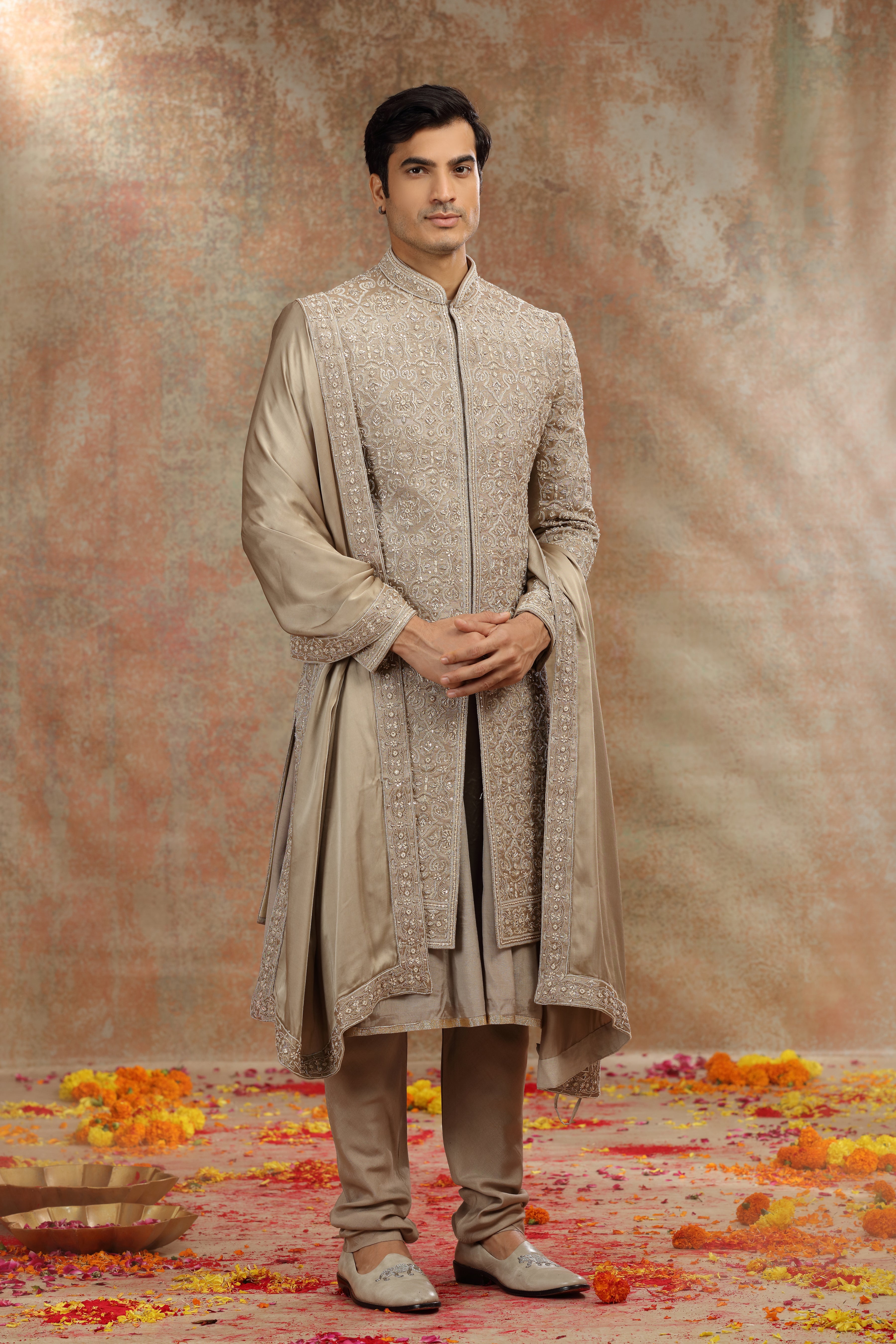 Golden Silk Tissue Sherwani with Resham Work
