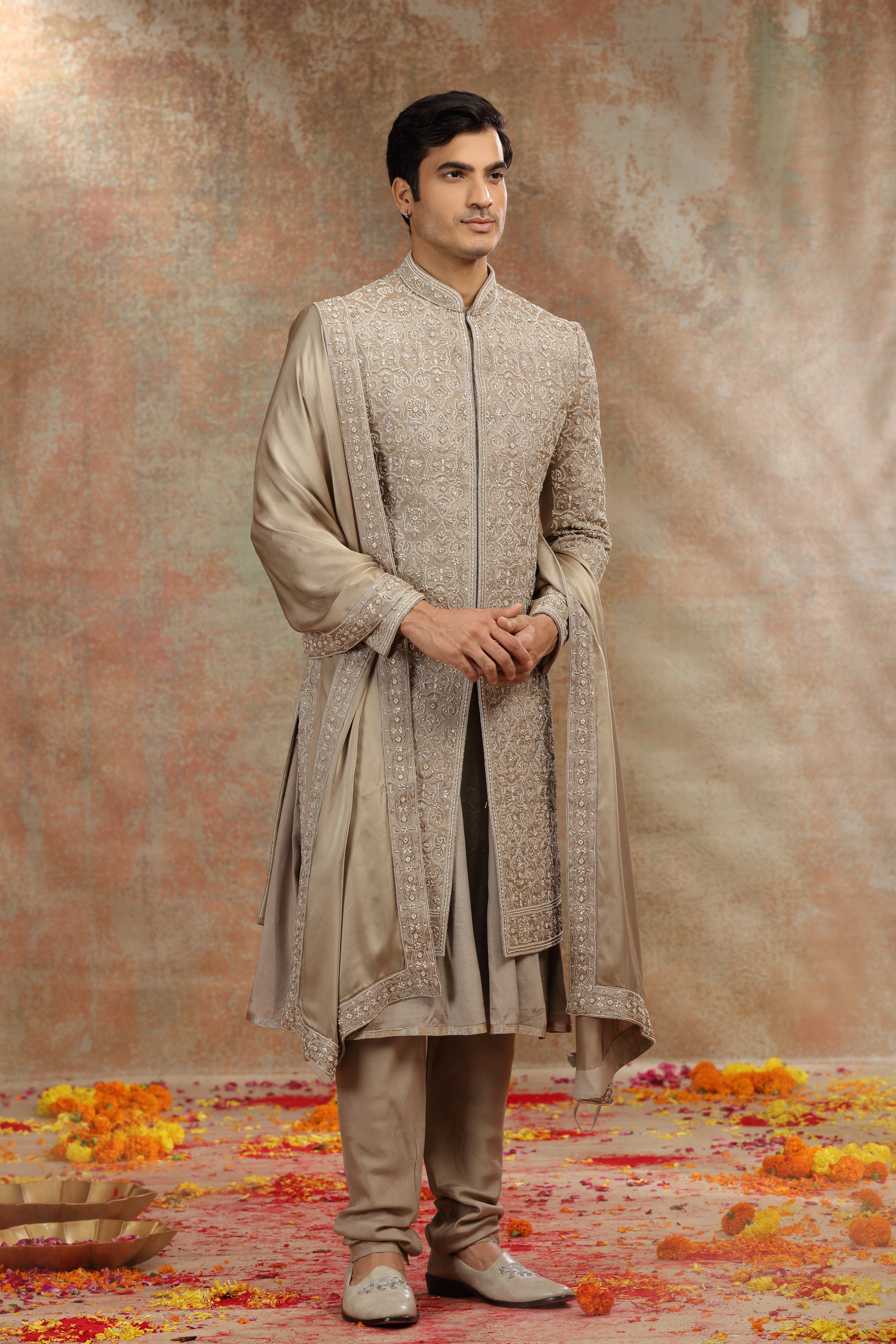 Golden Silk Tissue Sherwani with Resham Work