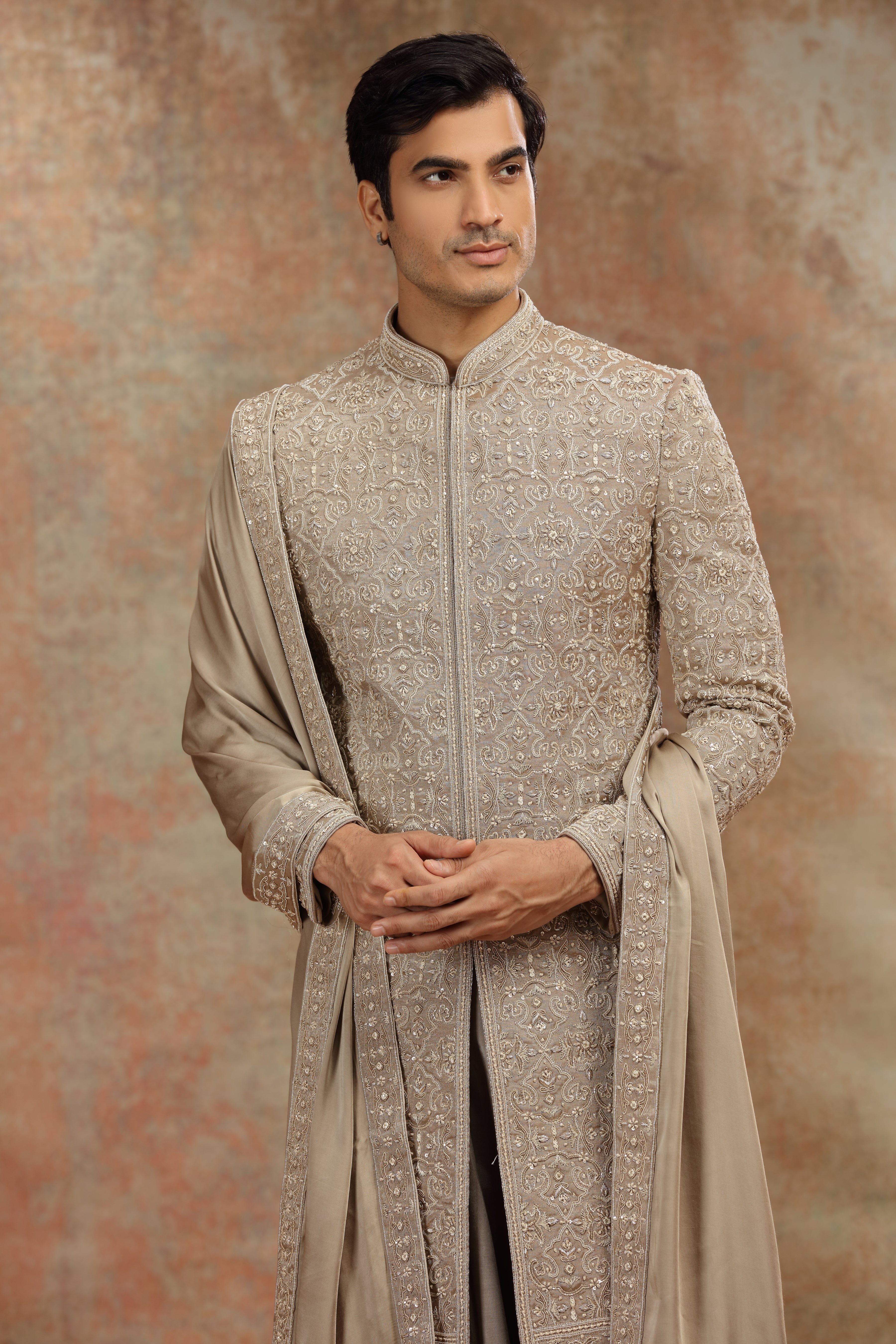 Golden Silk Tissue Sherwani with Resham Work