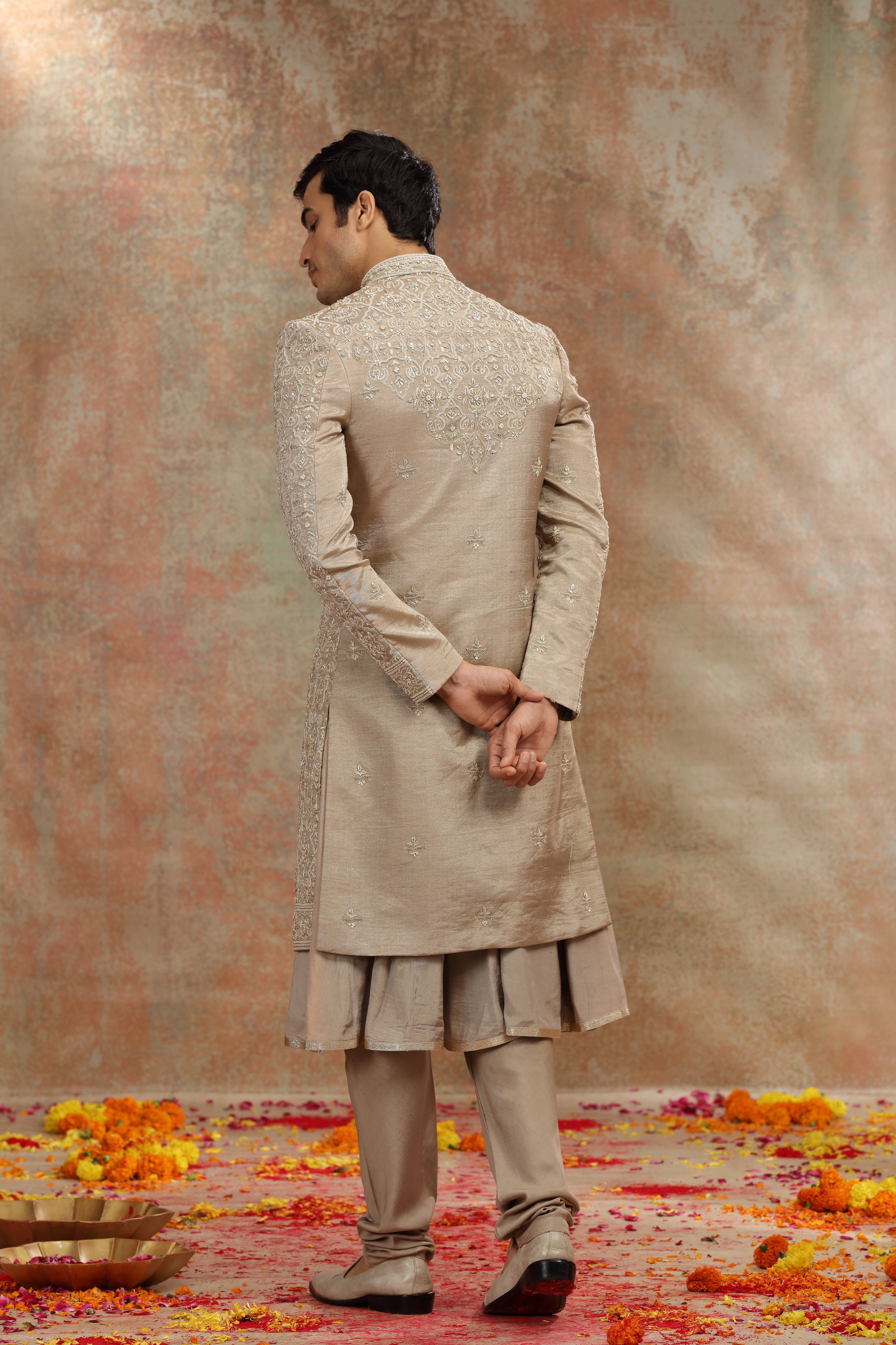 Golden Silk Tissue Sherwani with Resham Work