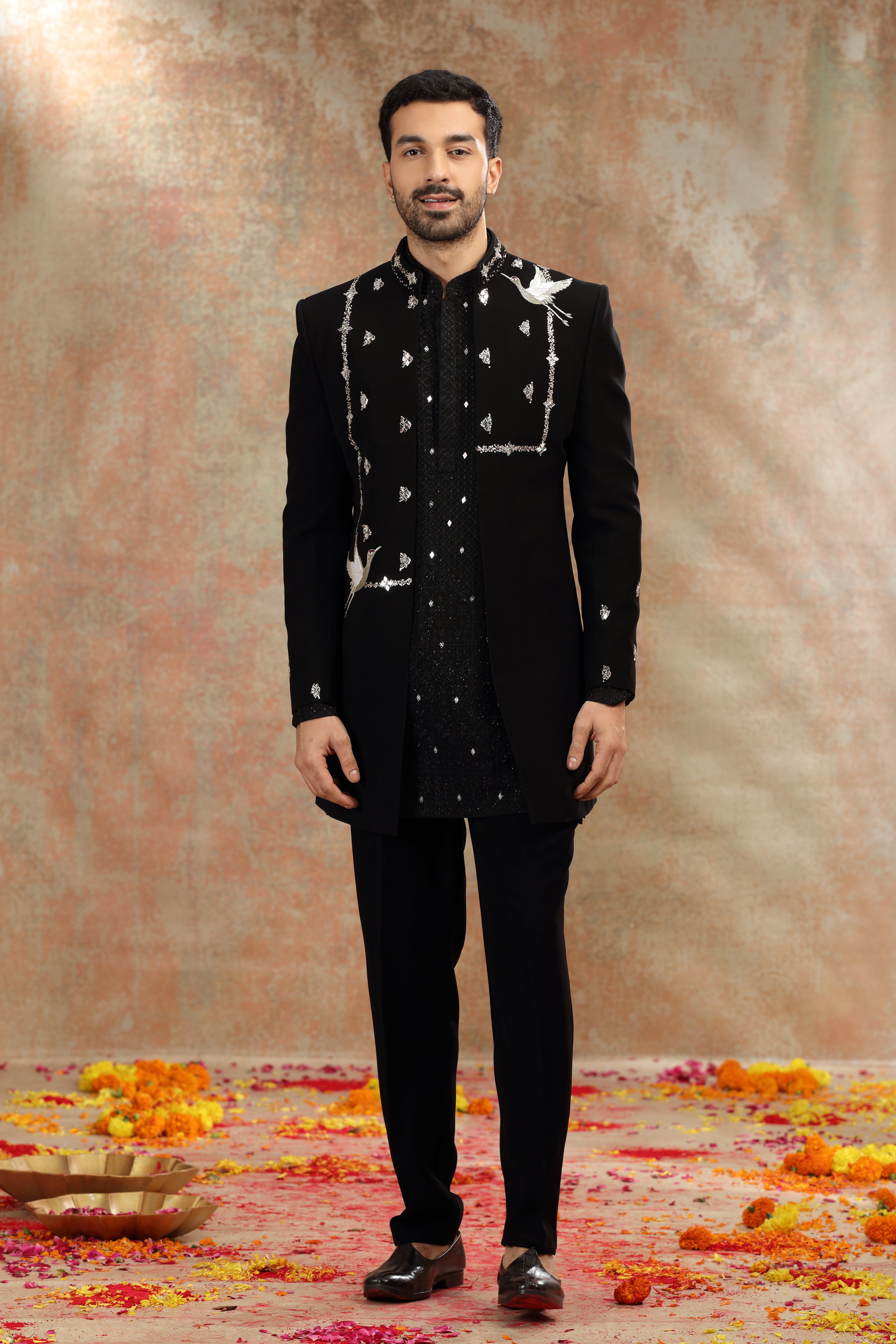 Black Suiting Indo Western with Mirror, Sequins Work