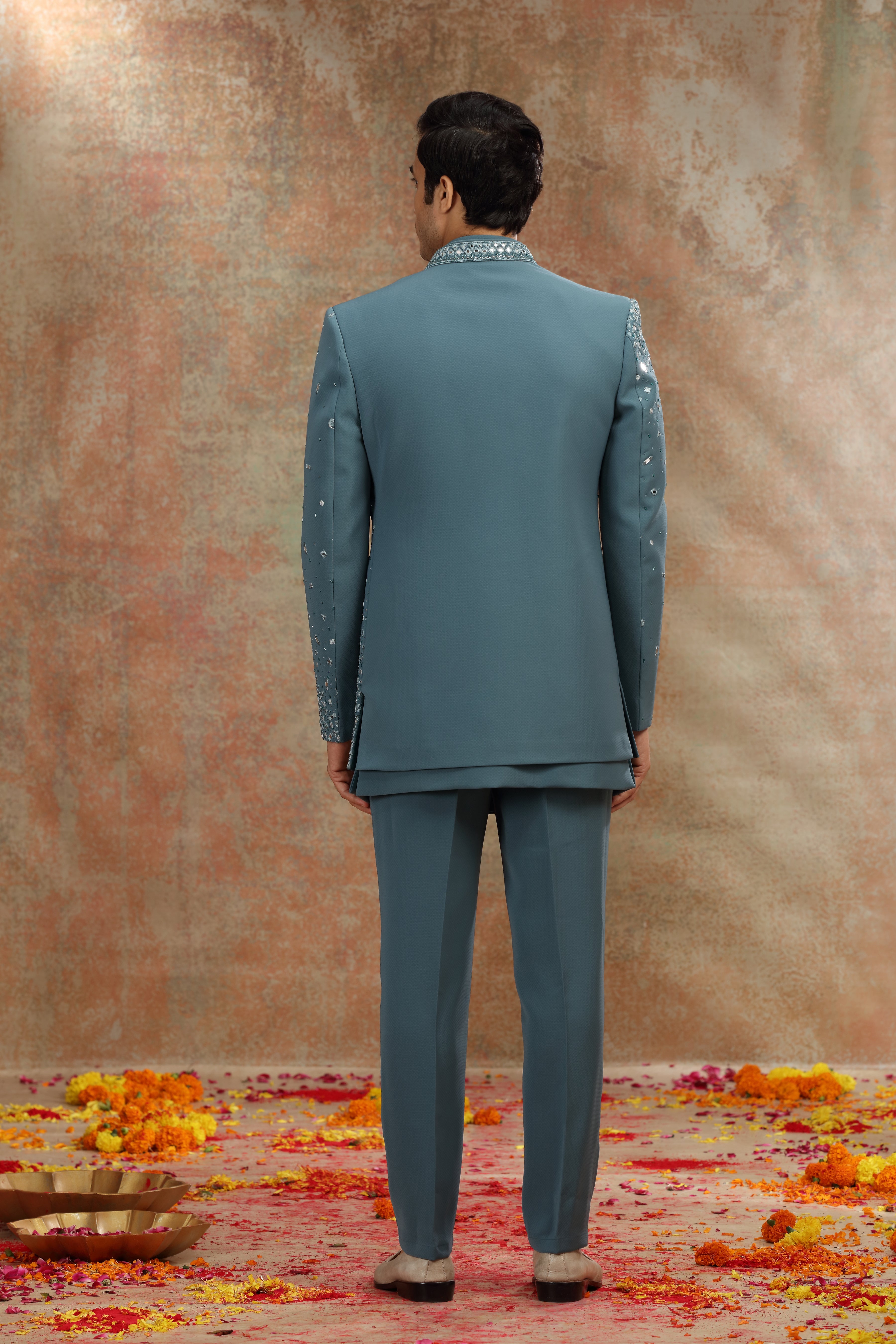 Teal Blue Suiting Indo Set with Mirror Cutdana