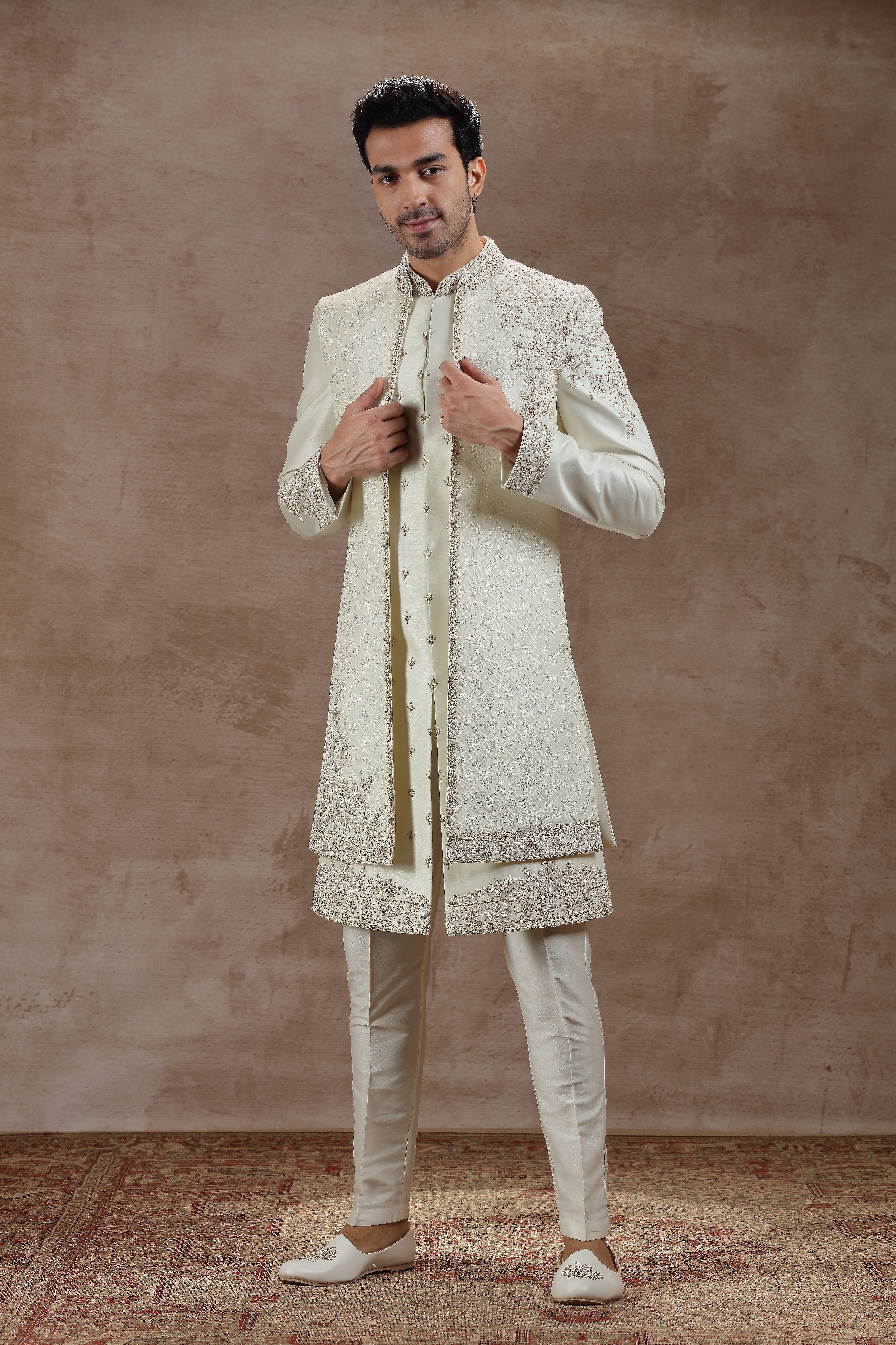 Ivory Silk Indowestern Set With Floral Embroidery - Shreeman