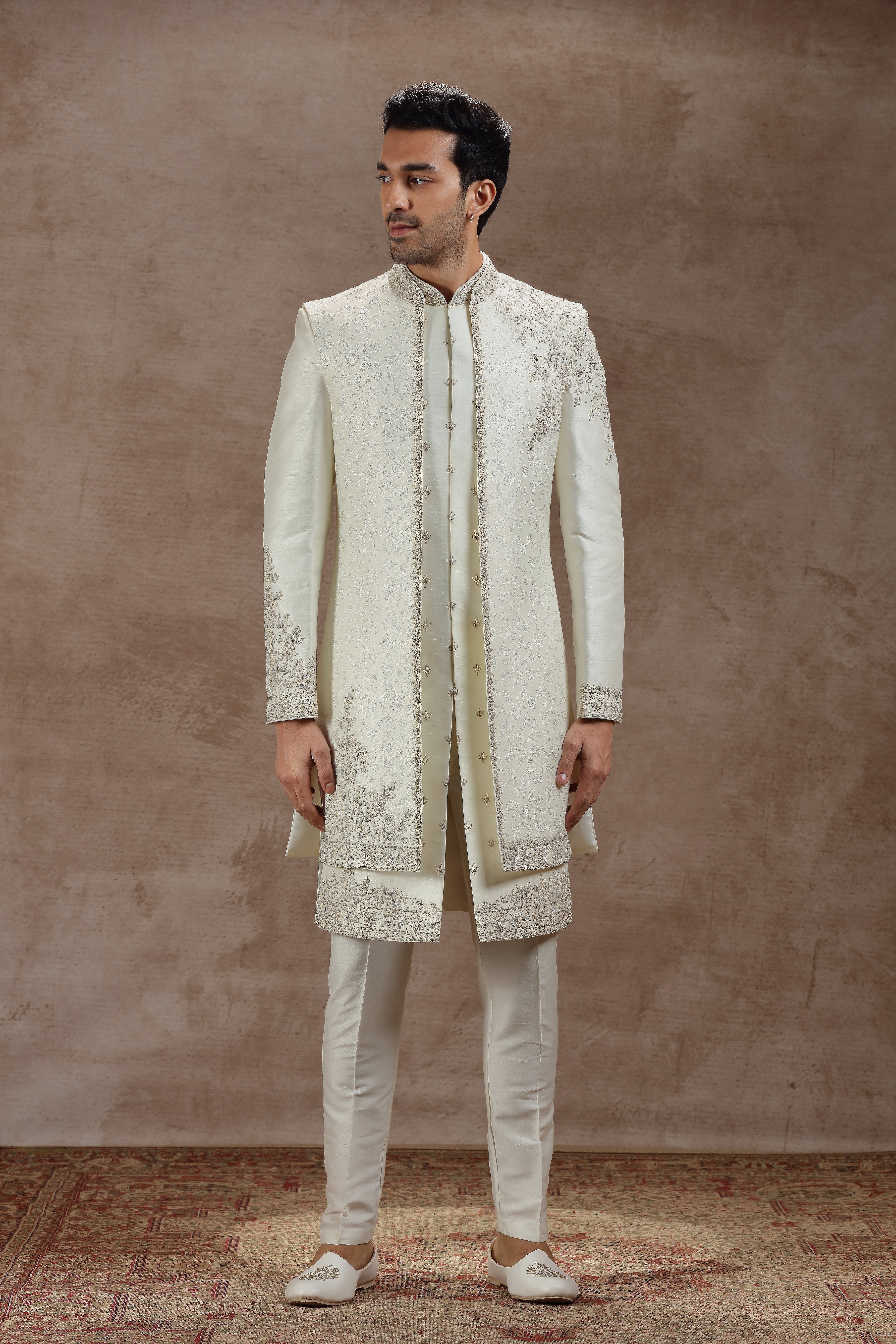 Ivory Silk Indowestern Set With Floral Embroidery - Shreeman