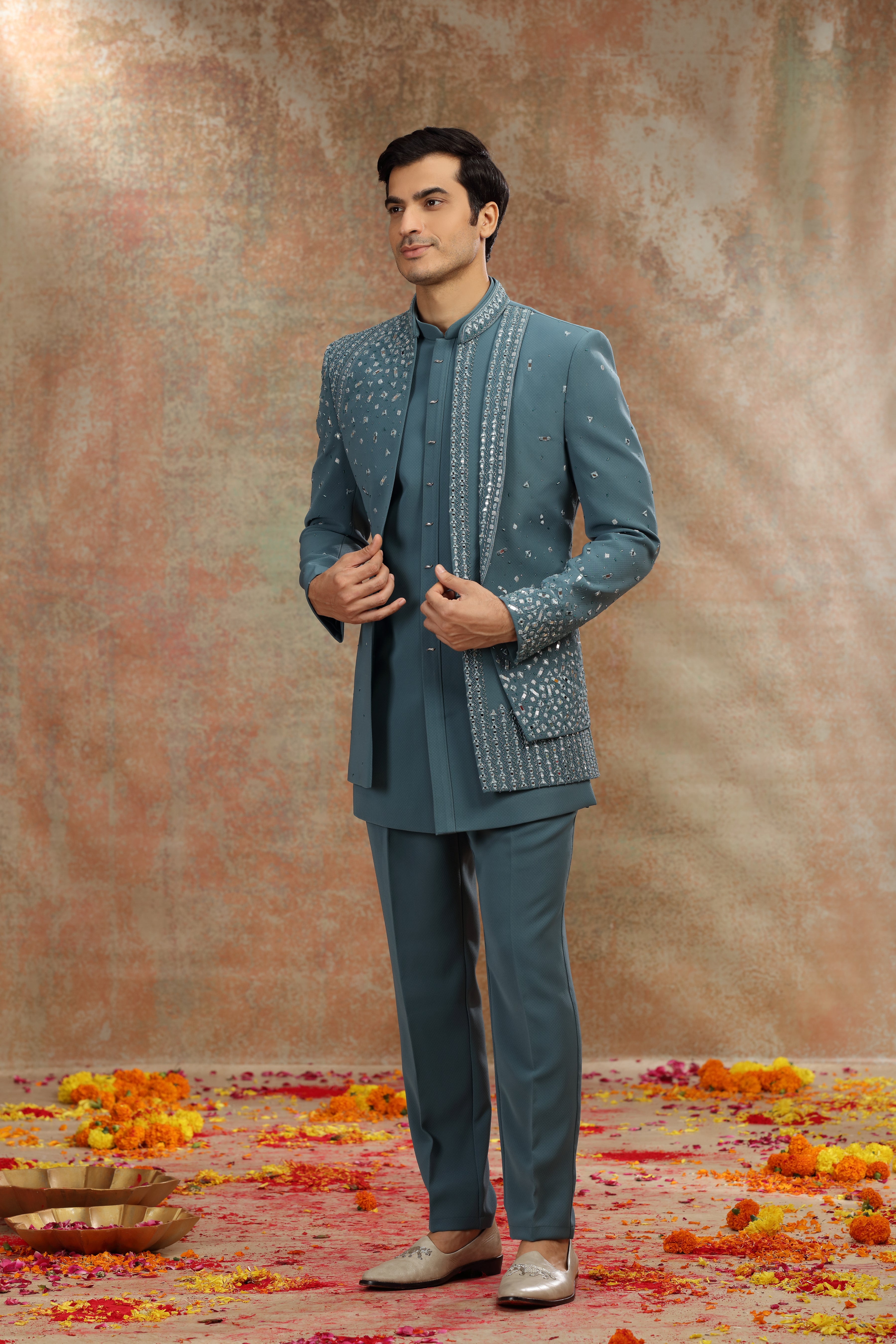 Teal Blue Suiting Indo Set with Mirror Cutdana