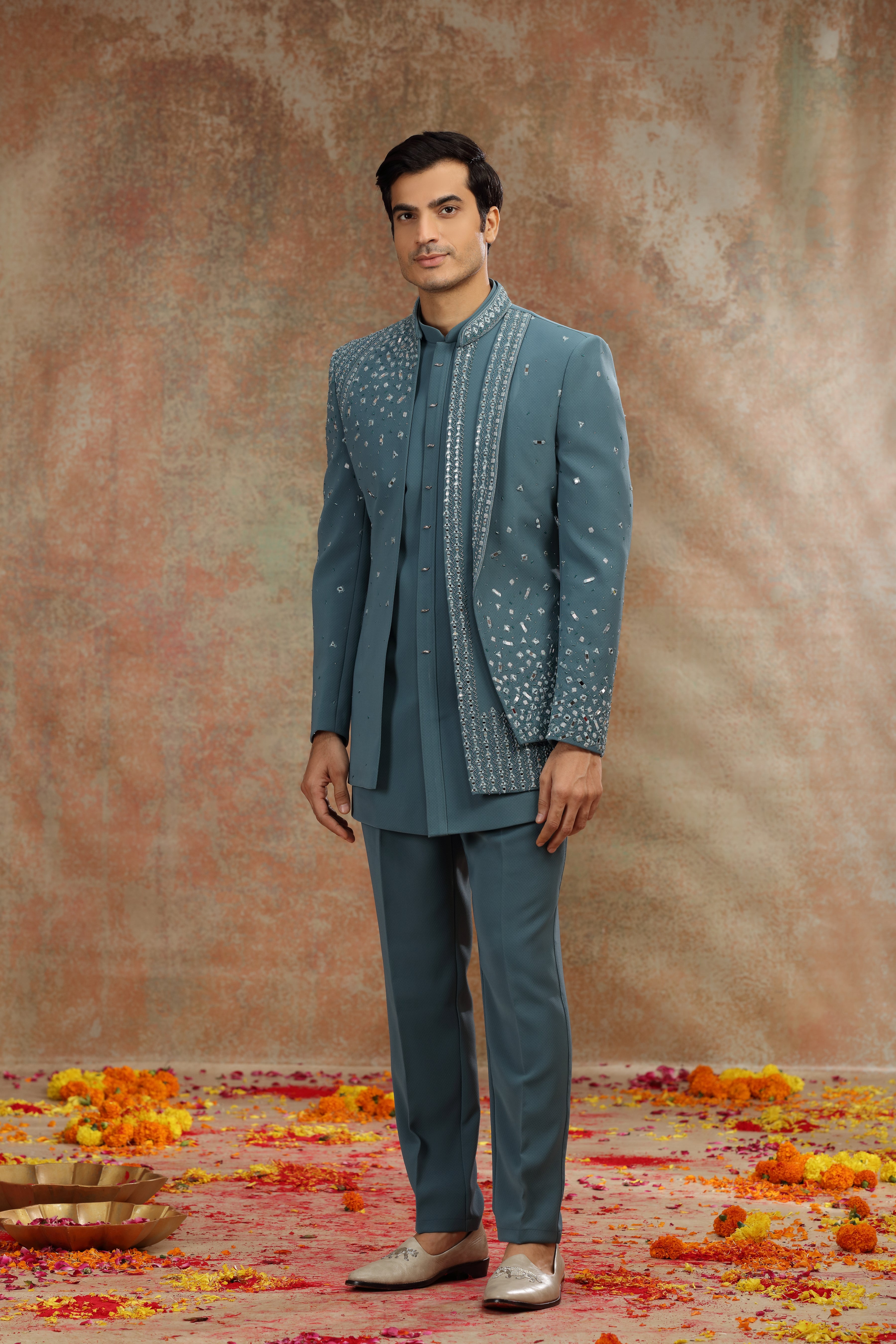 Teal Blue Suiting Indo Set with Mirror Cutdana