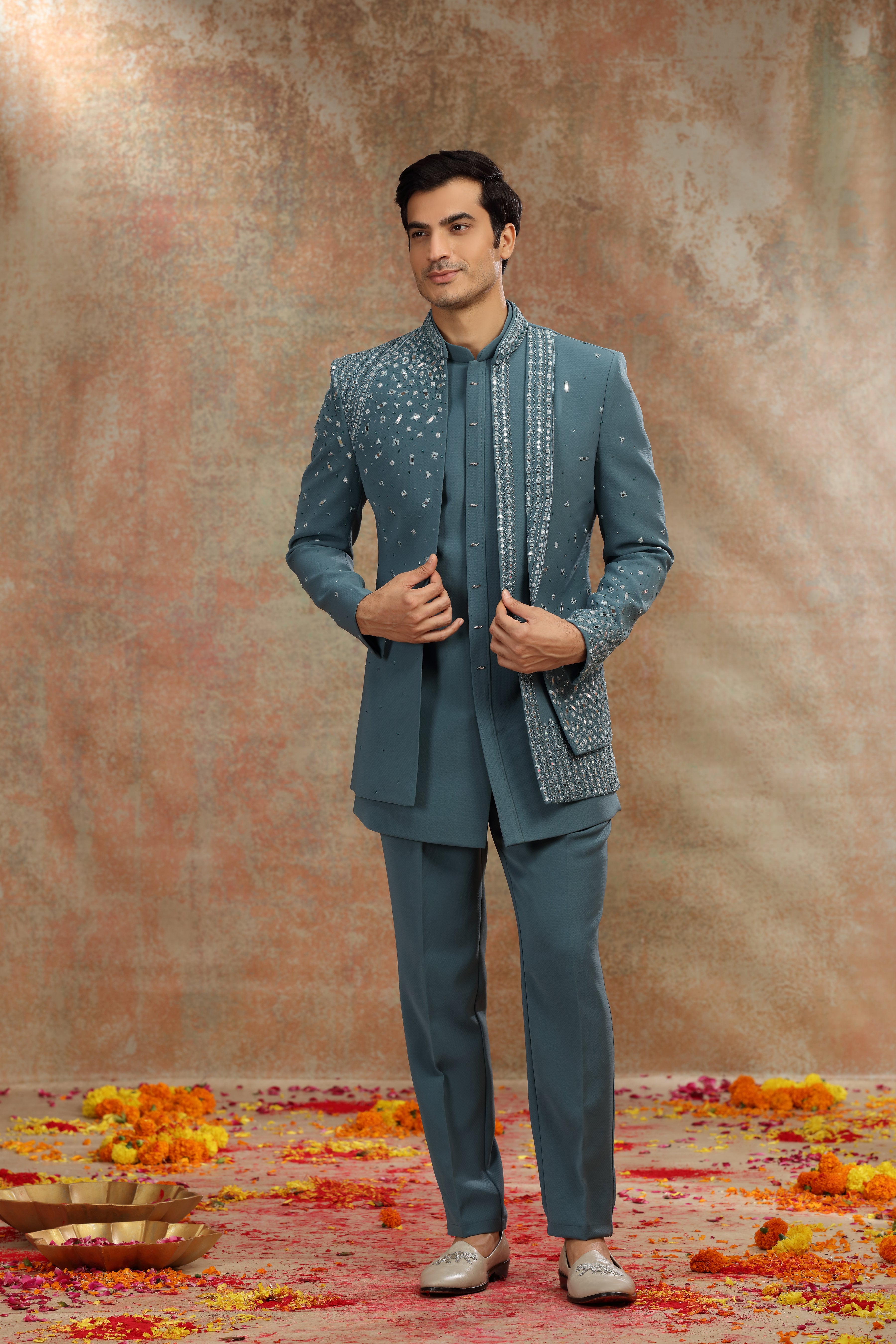 Teal Blue Suiting Indo Set with Mirror Cutdana