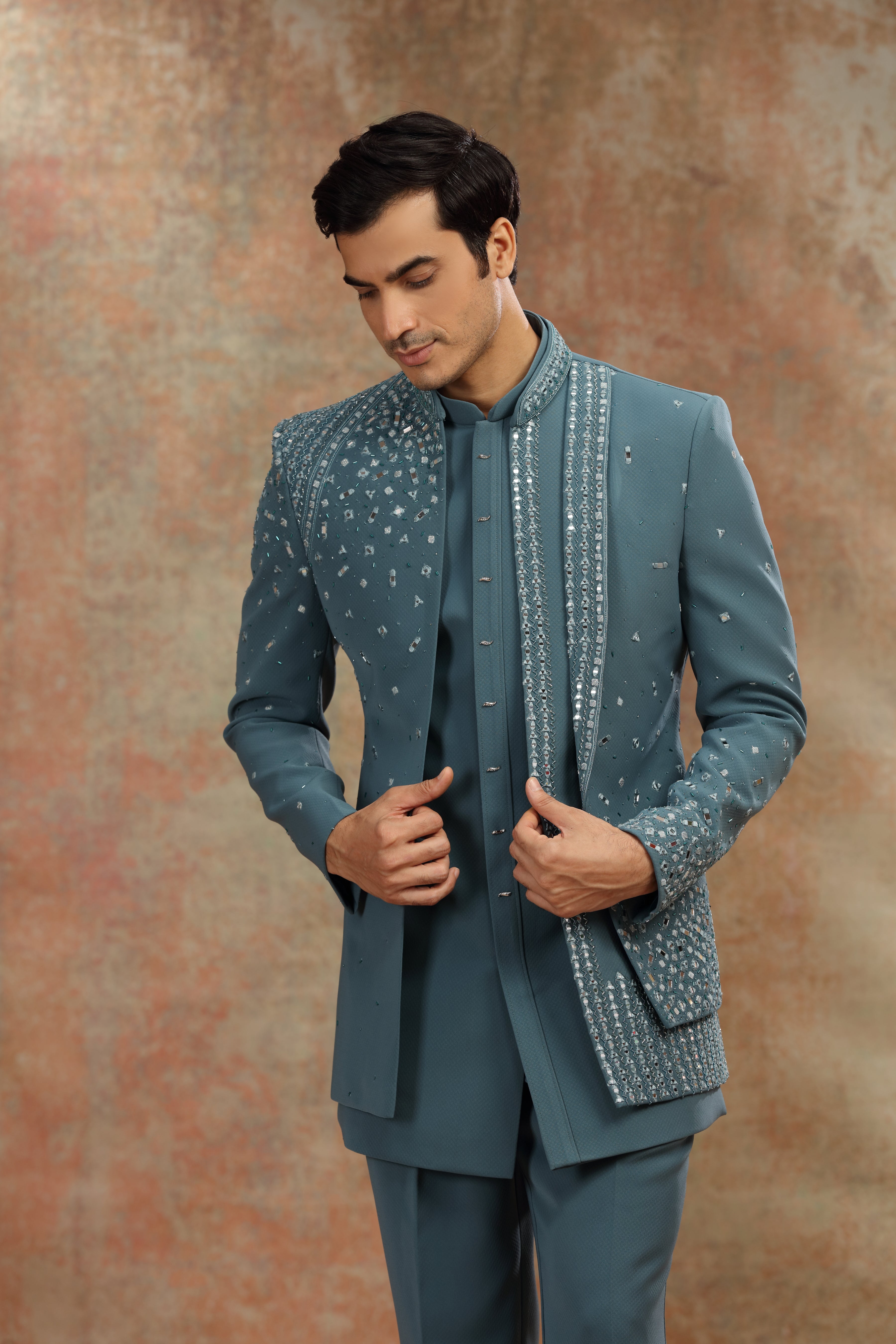 Teal Blue Suiting Indo Set with Mirror Cutdana