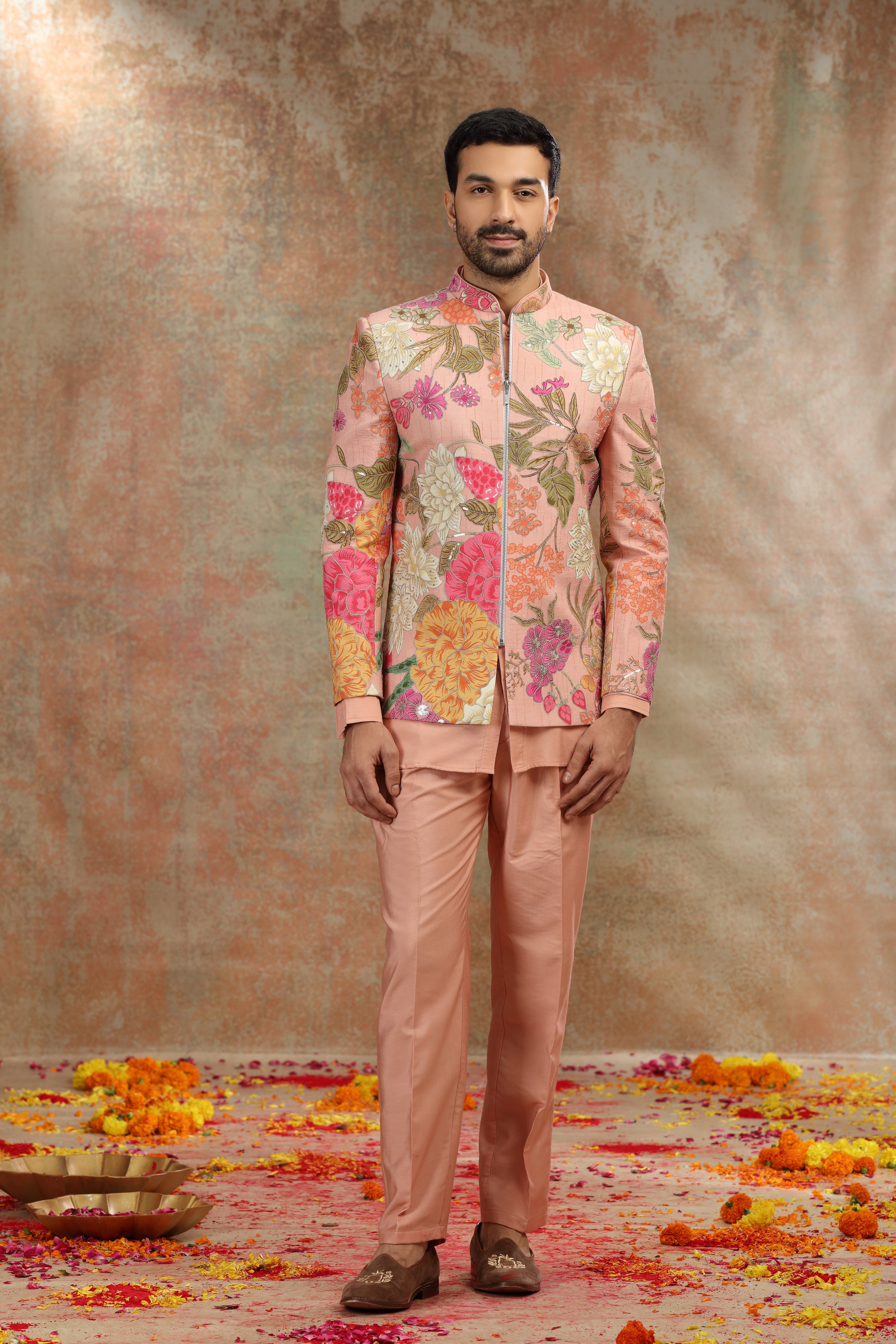 Onion Pink Silk Jodhpuri with Dori and Sequins