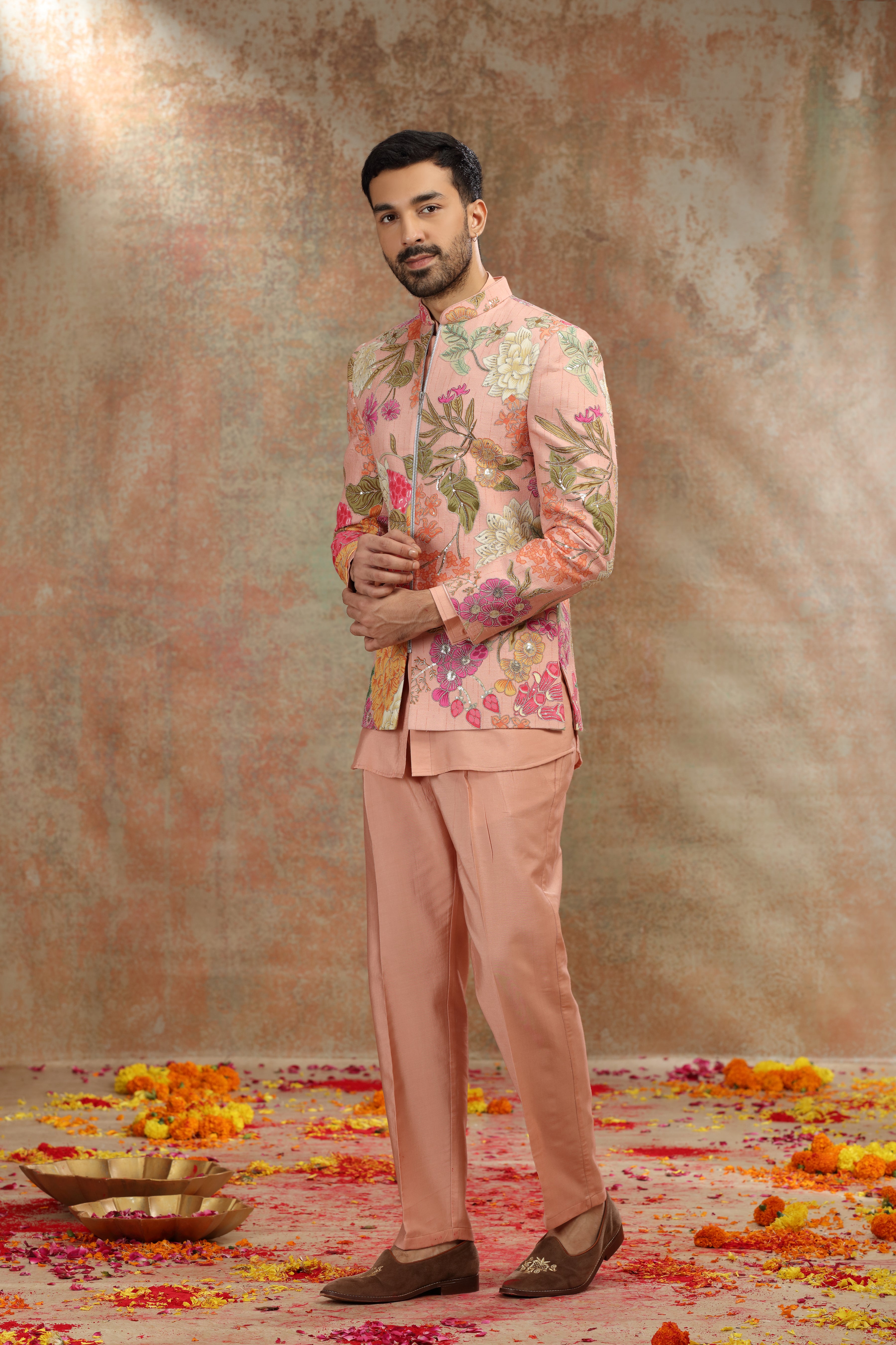 Onion Pink Silk Jodhpuri with Dori and Sequins