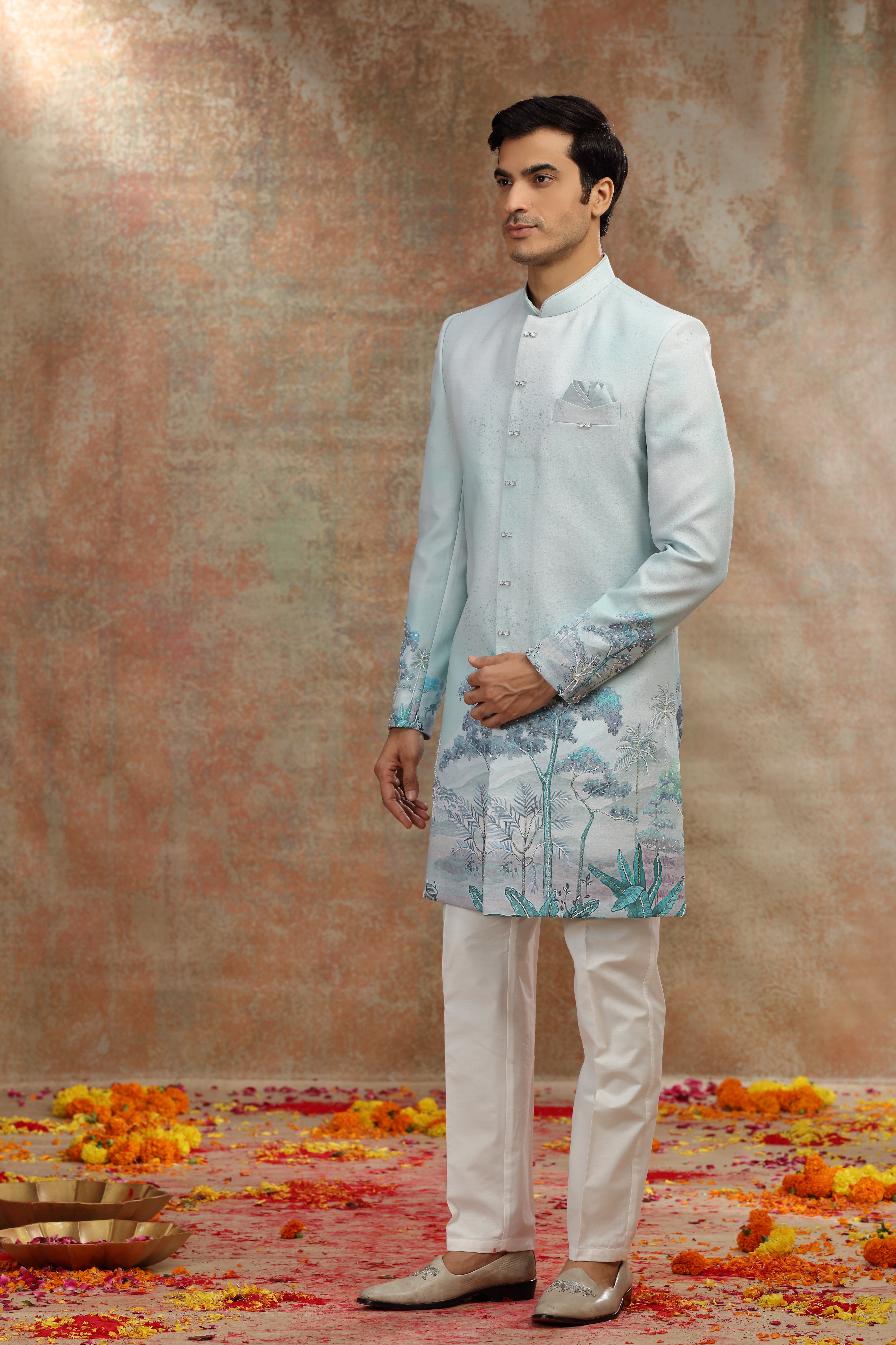 Sea Green Ombre Silk Indo Western with Cutdana Work