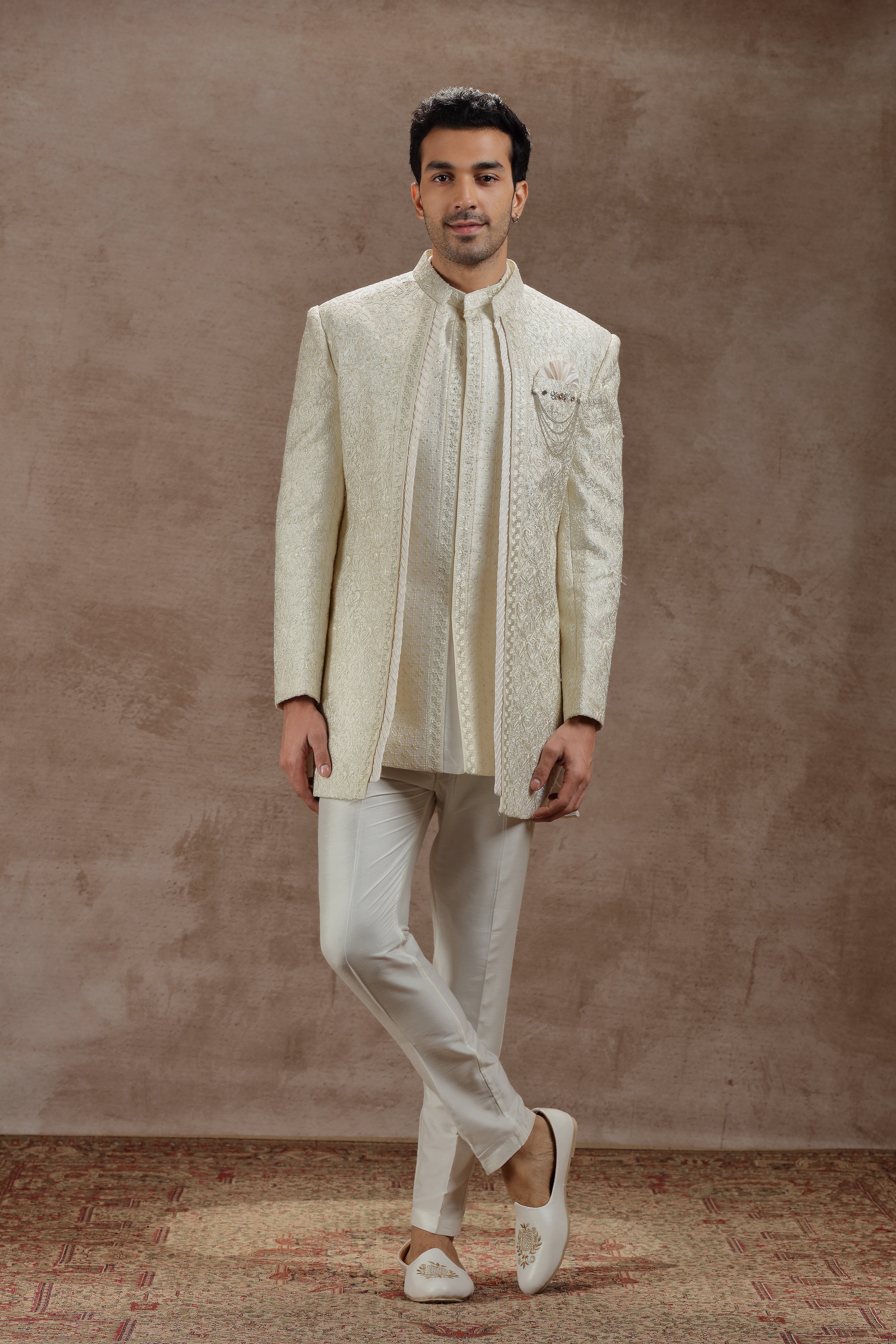 Ivory Indowestern Set with Resham and Sequins Work - Shreeman