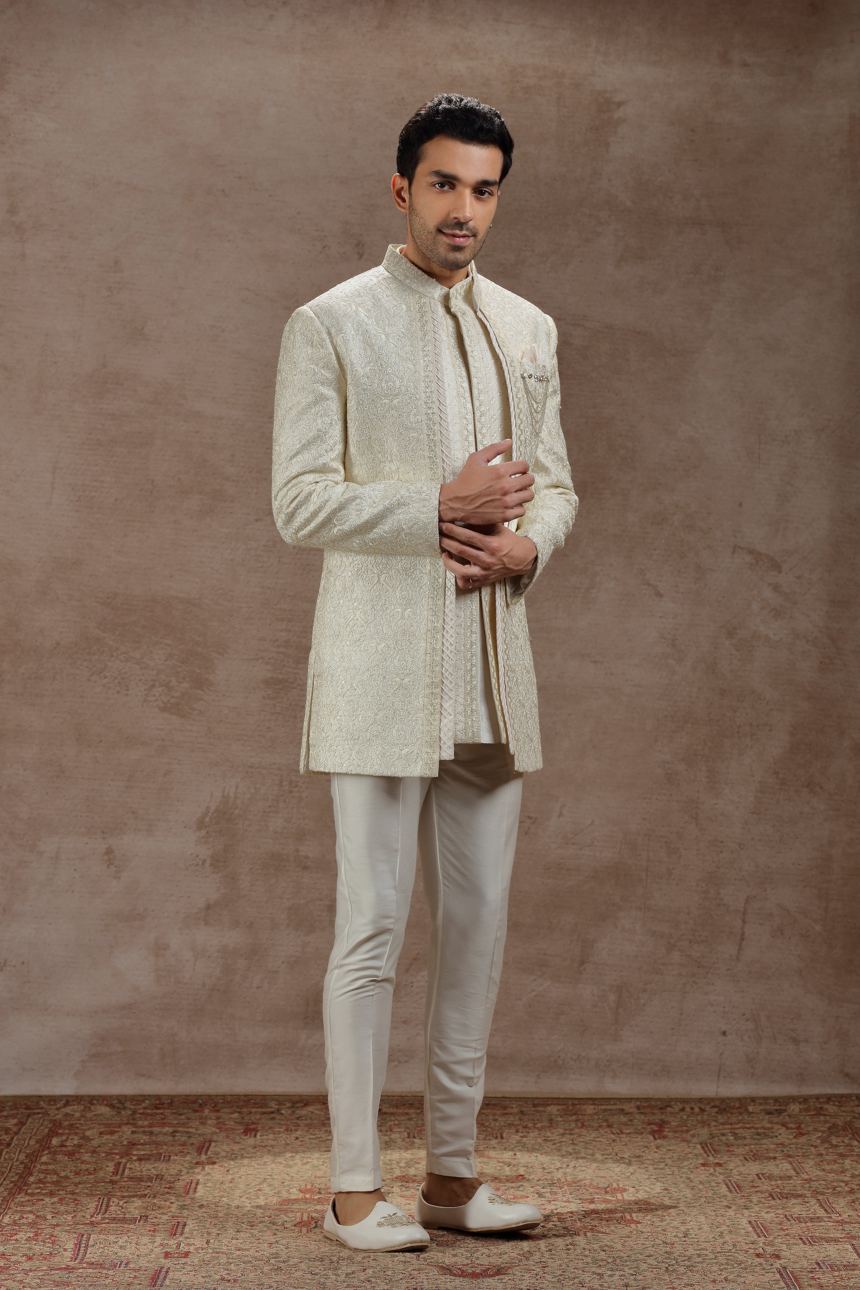 Ivory Indowestern Set with Resham and Sequins Work - Shreeman