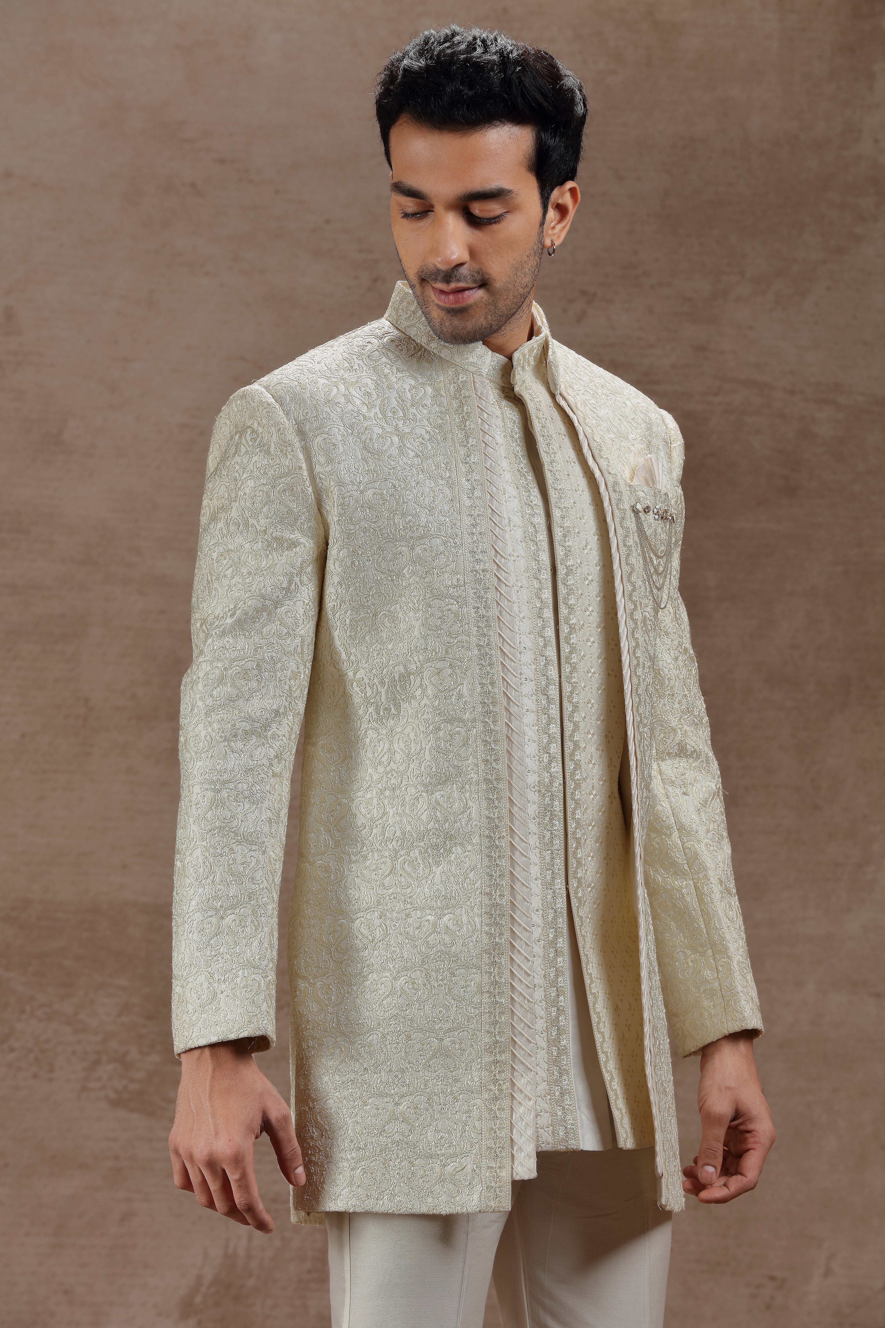 Ivory Indowestern Set with Resham and Sequins Work - Shreeman