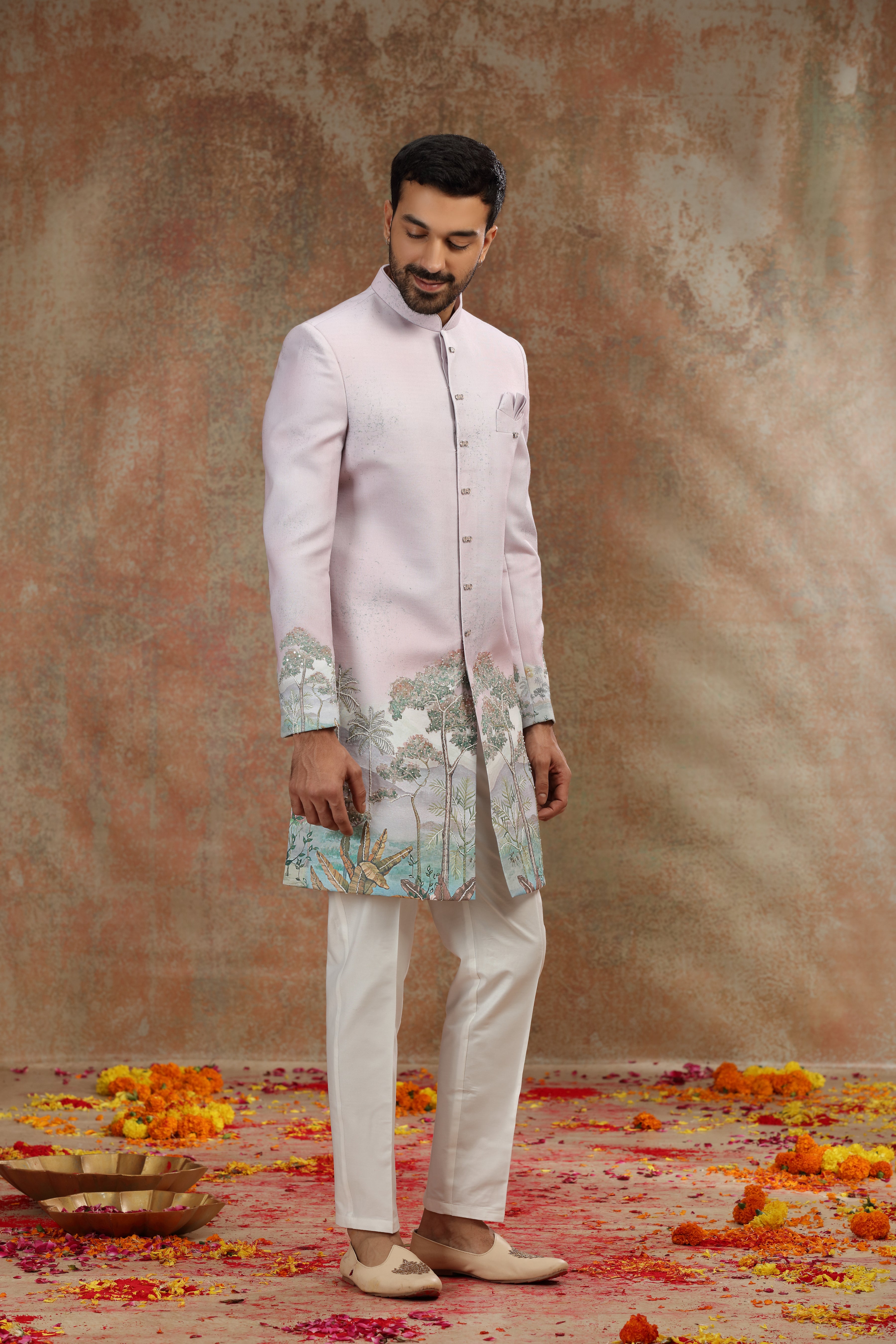Onion Pink Ombre Silk Indo Western with Print Work