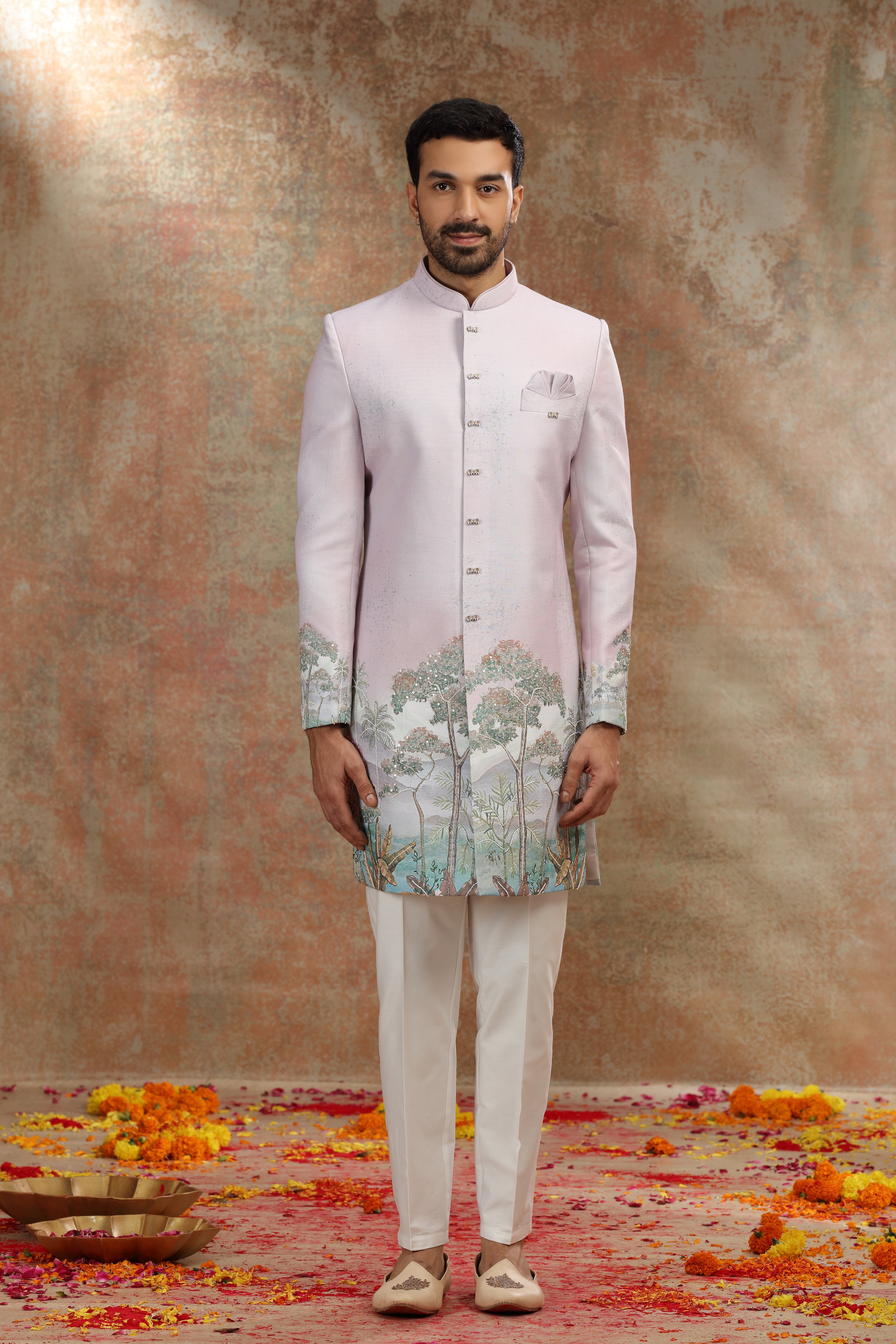 Onion Pink Ombre Silk Indo Western with Print Work