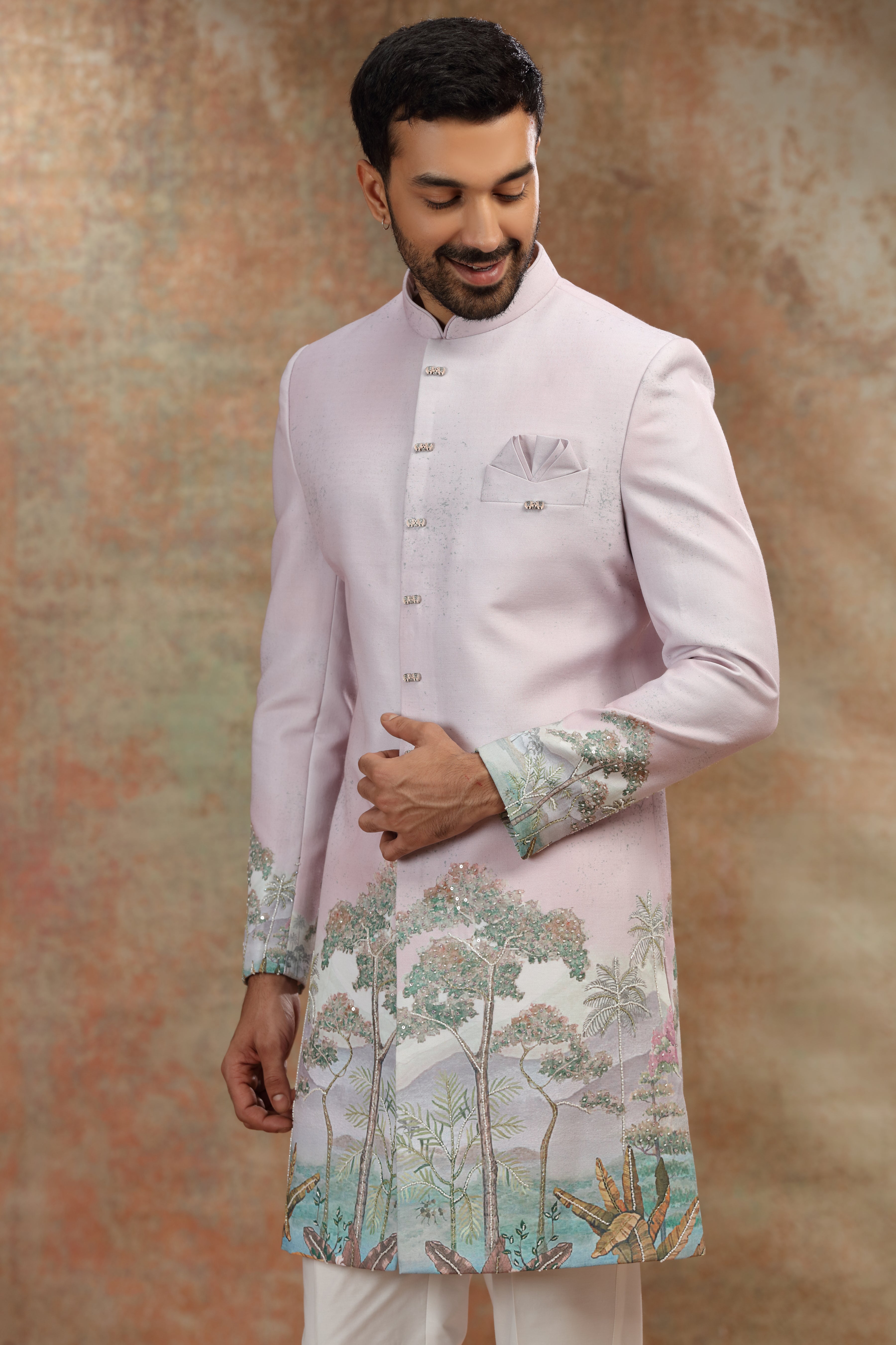 Onion Pink Ombre Silk Indo Western with Print Work
