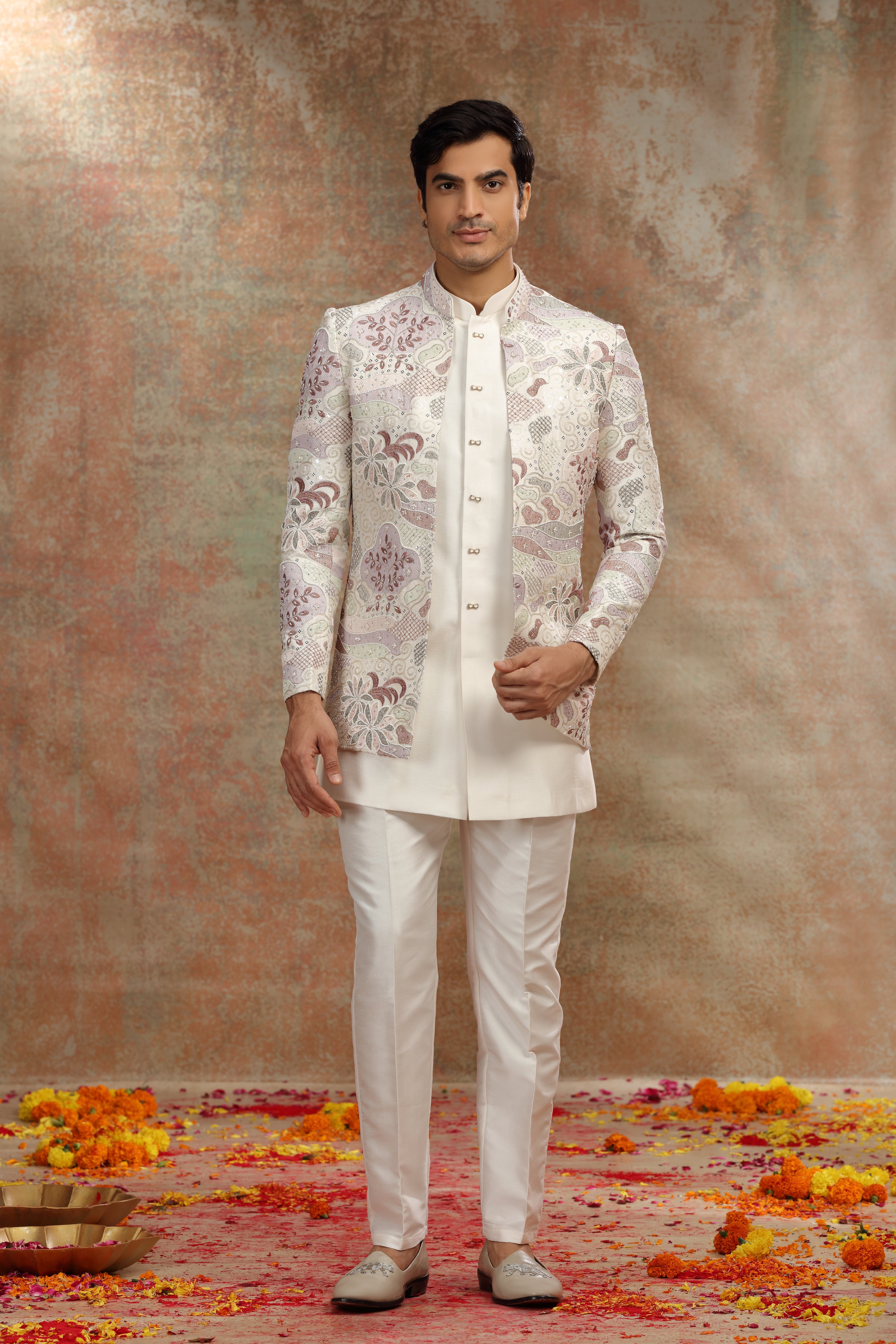 Cream Silk Jodhpuri Suit with Resham Zardosi Work