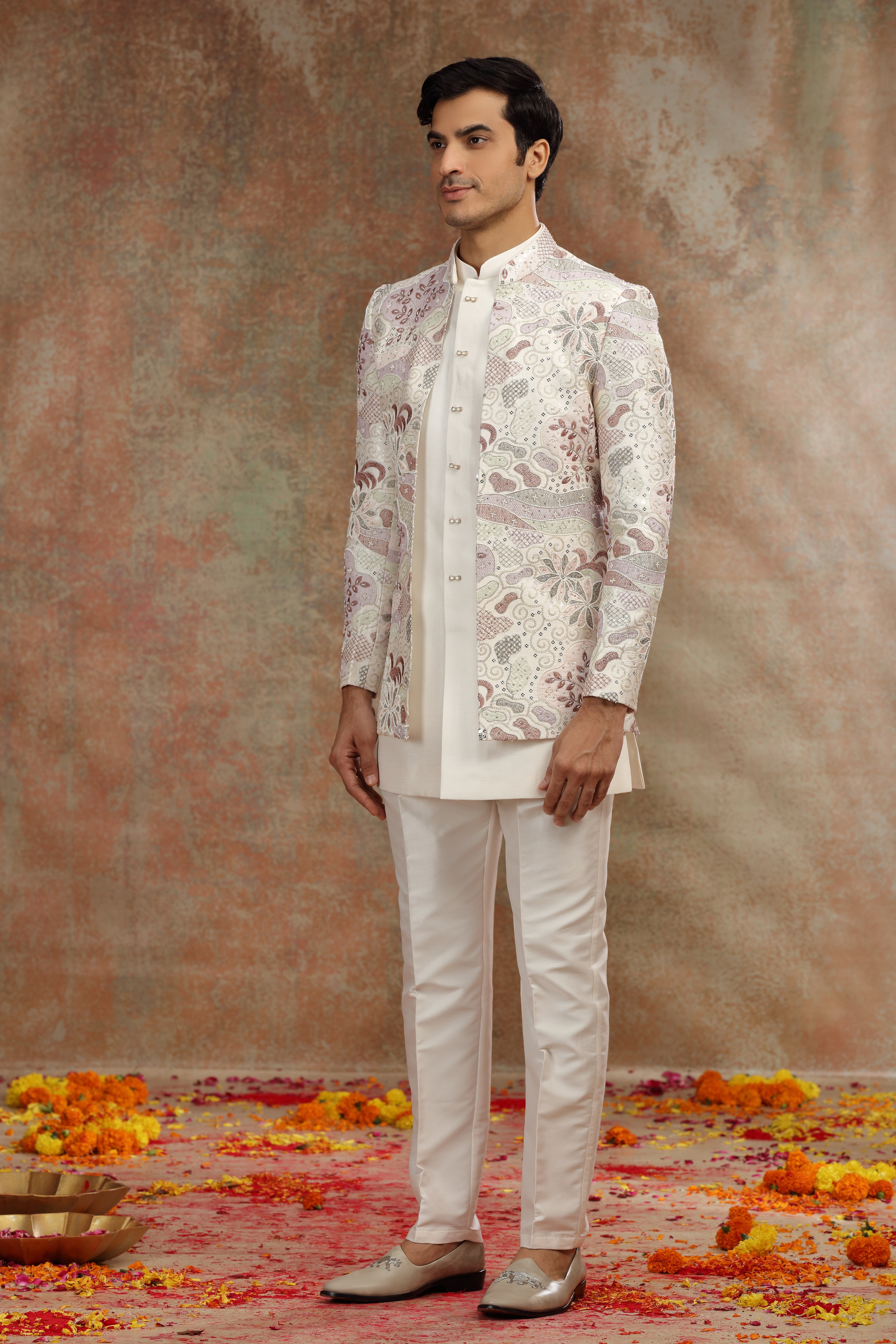 Cream Silk Jodhpuri Suit with Resham Zardosi Work