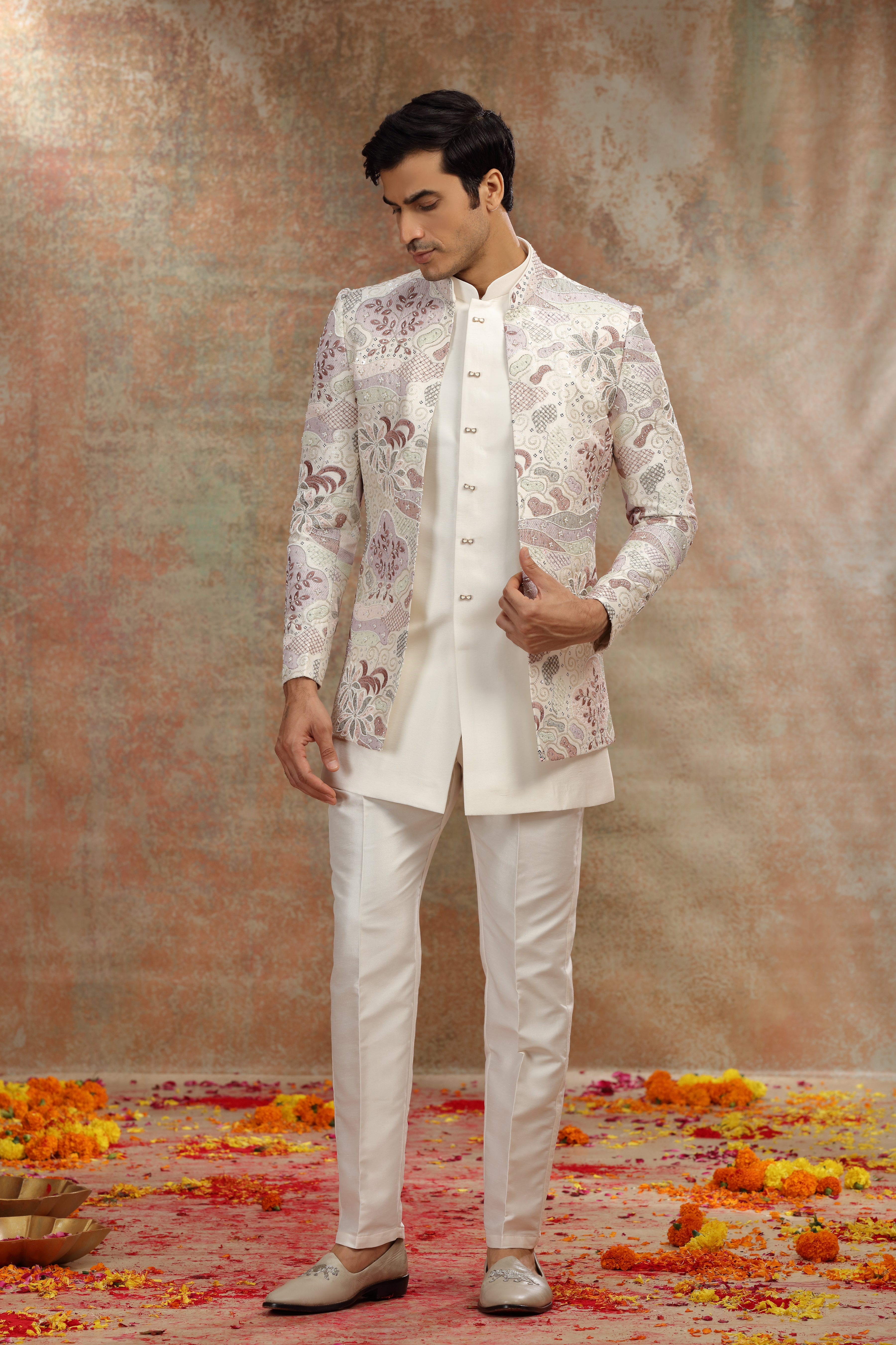 Cream Silk Jodhpuri Suit with Resham Zardosi Work