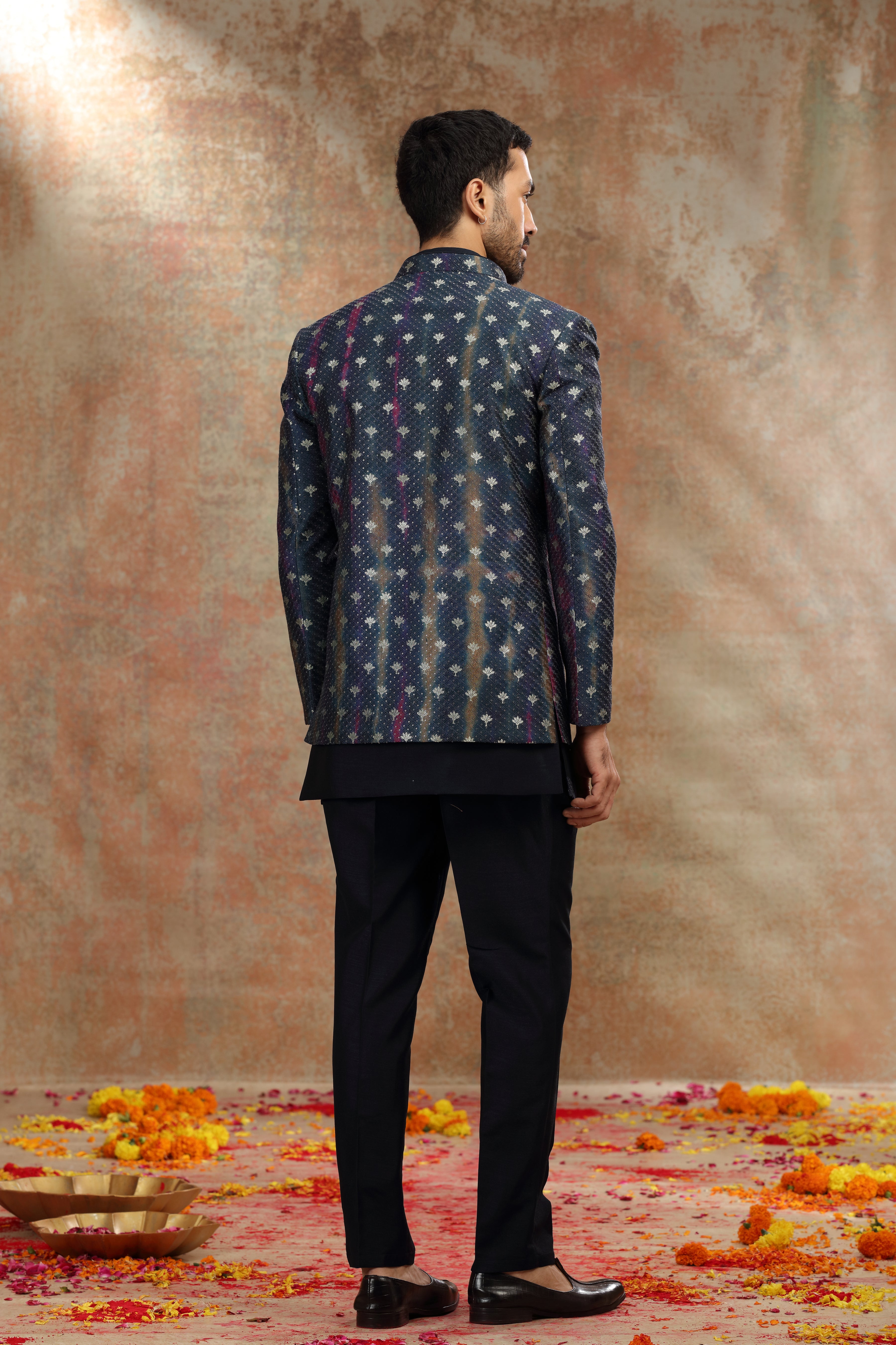 Dark Blue Silk Jodhpuri Suit with Print and Thread Work
