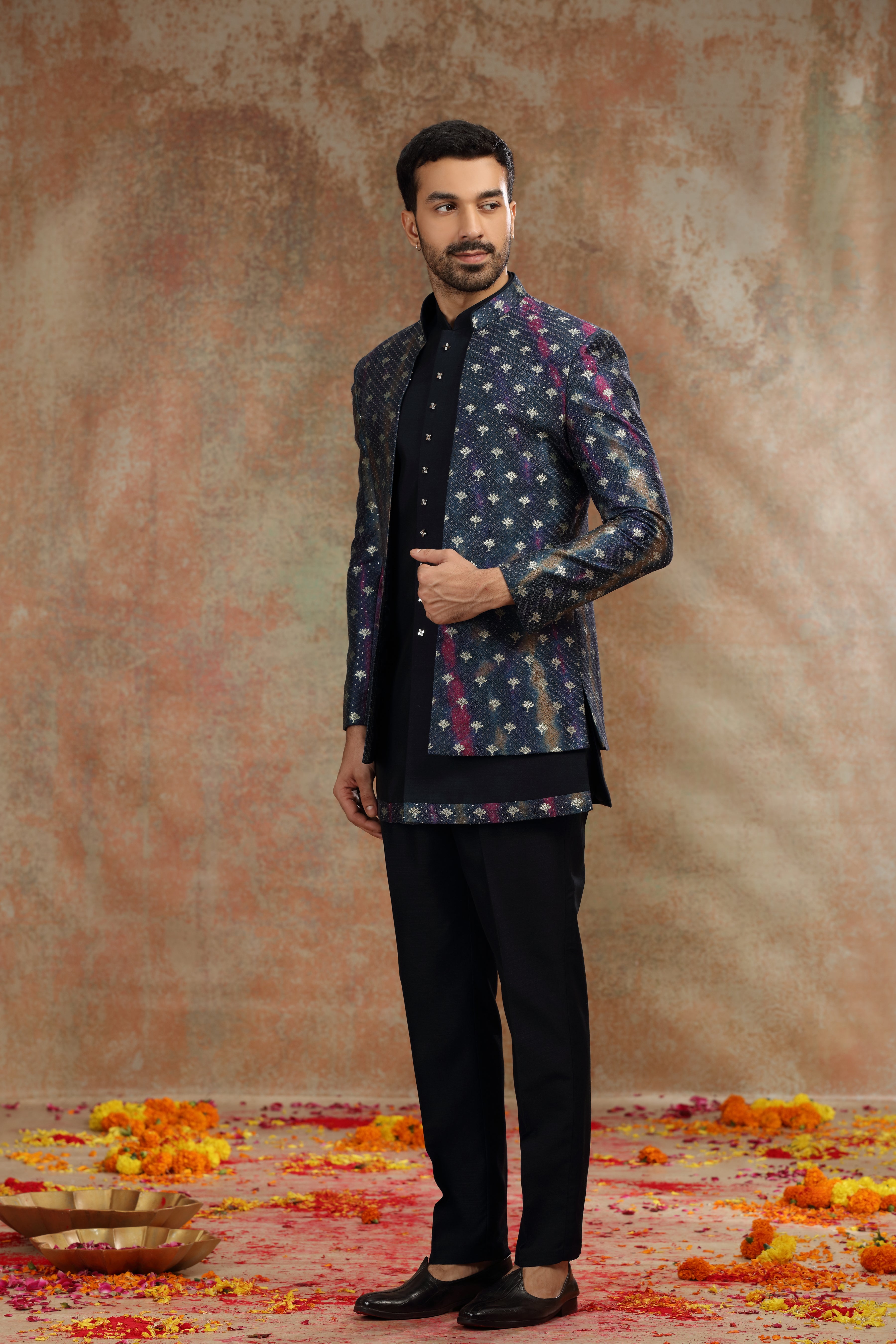 Dark Blue Silk Jodhpuri Suit with Print and Thread Work