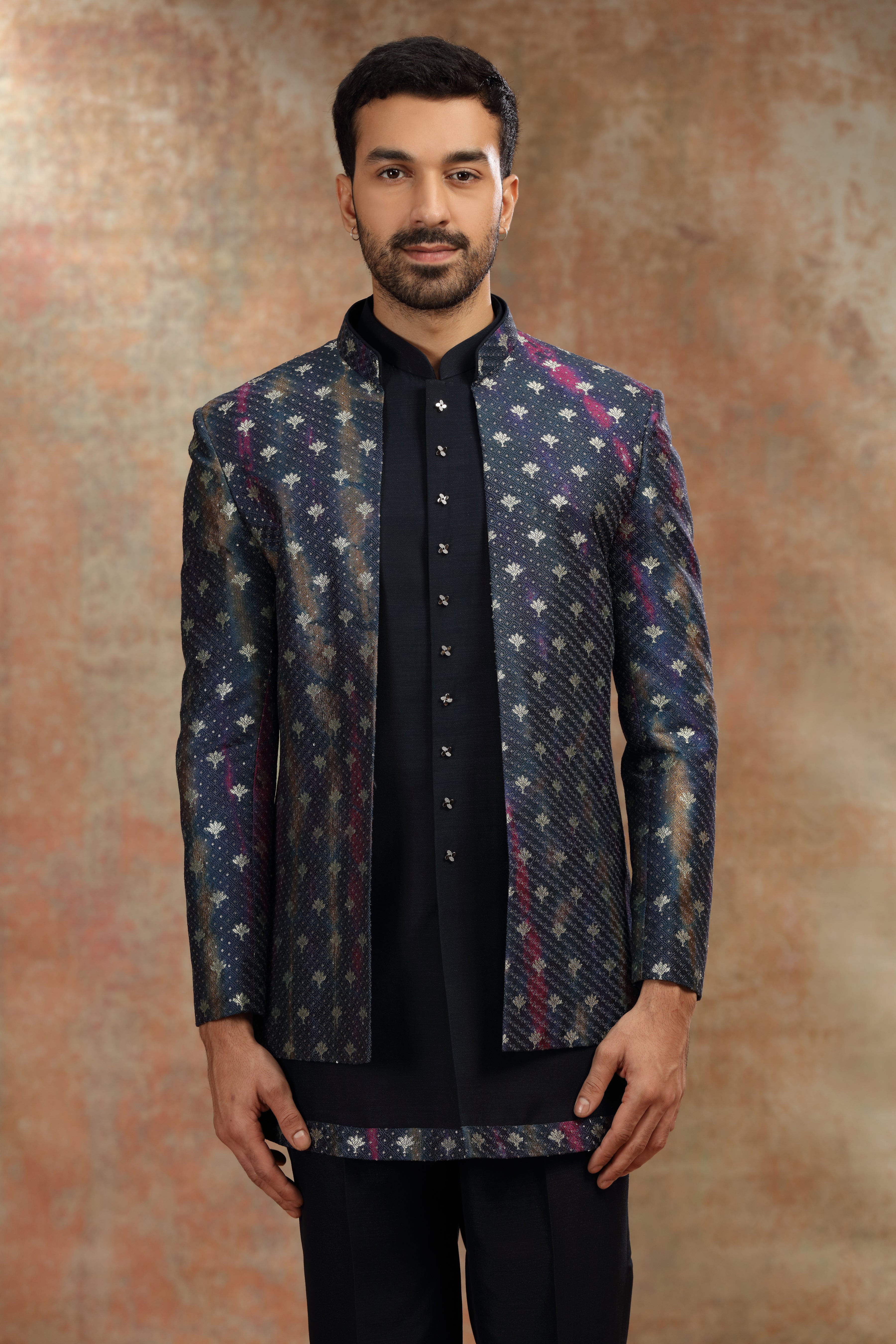 Dark Blue Silk Jodhpuri Suit with Print and Thread Work