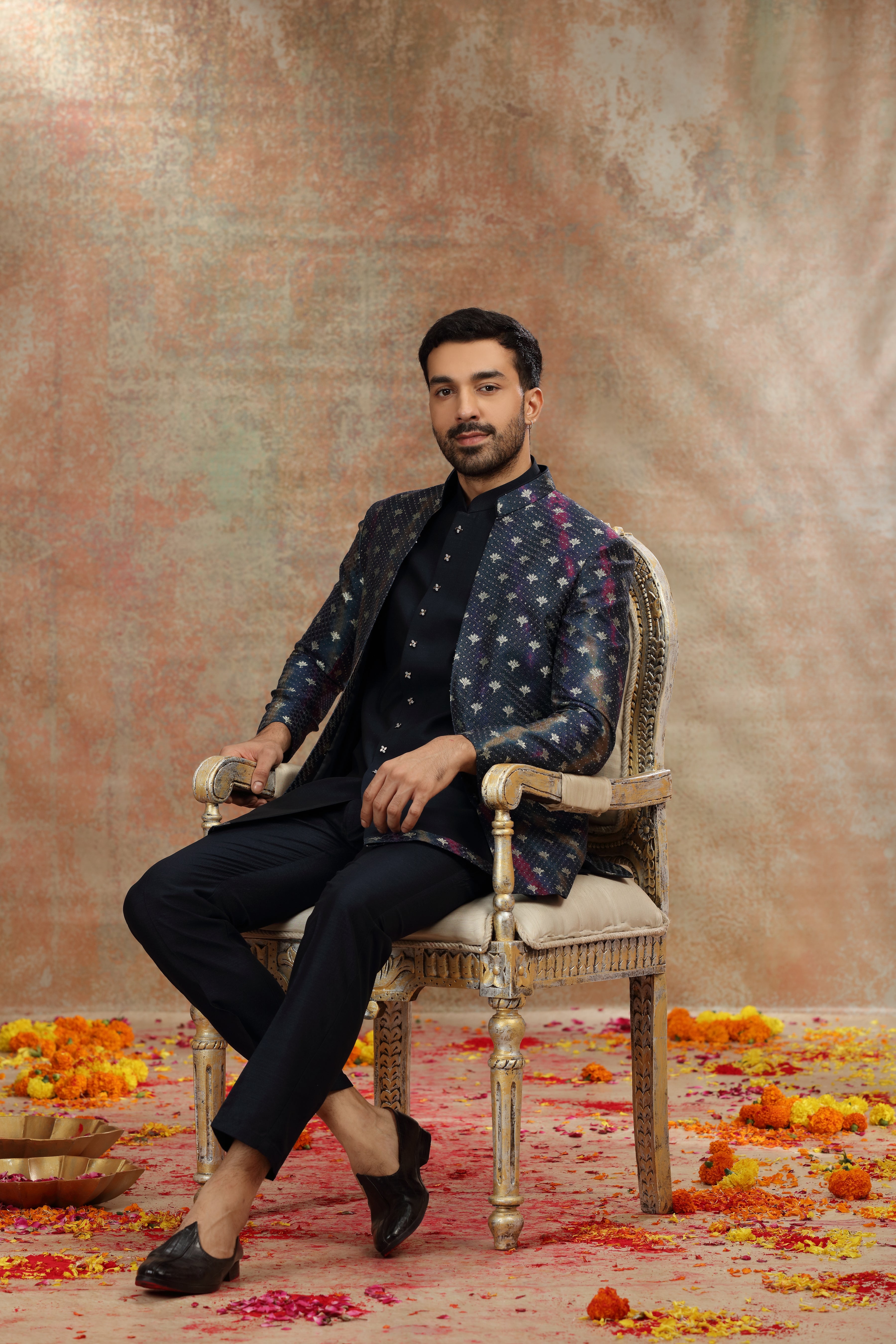 Dark Blue Silk Jodhpuri Suit with Print and Thread Work
