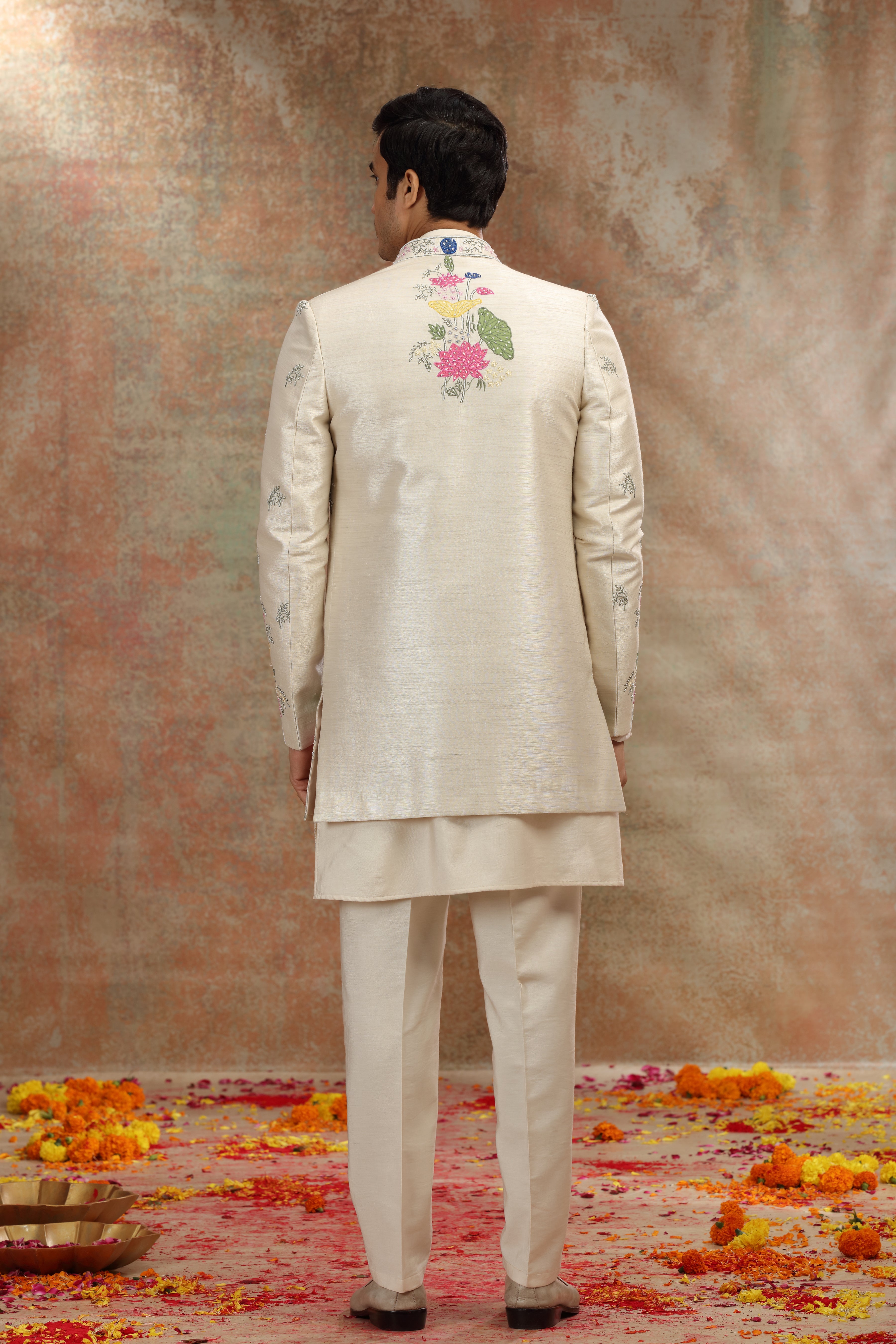 Light Beige Silk Tissue Indo Western with Patch Work