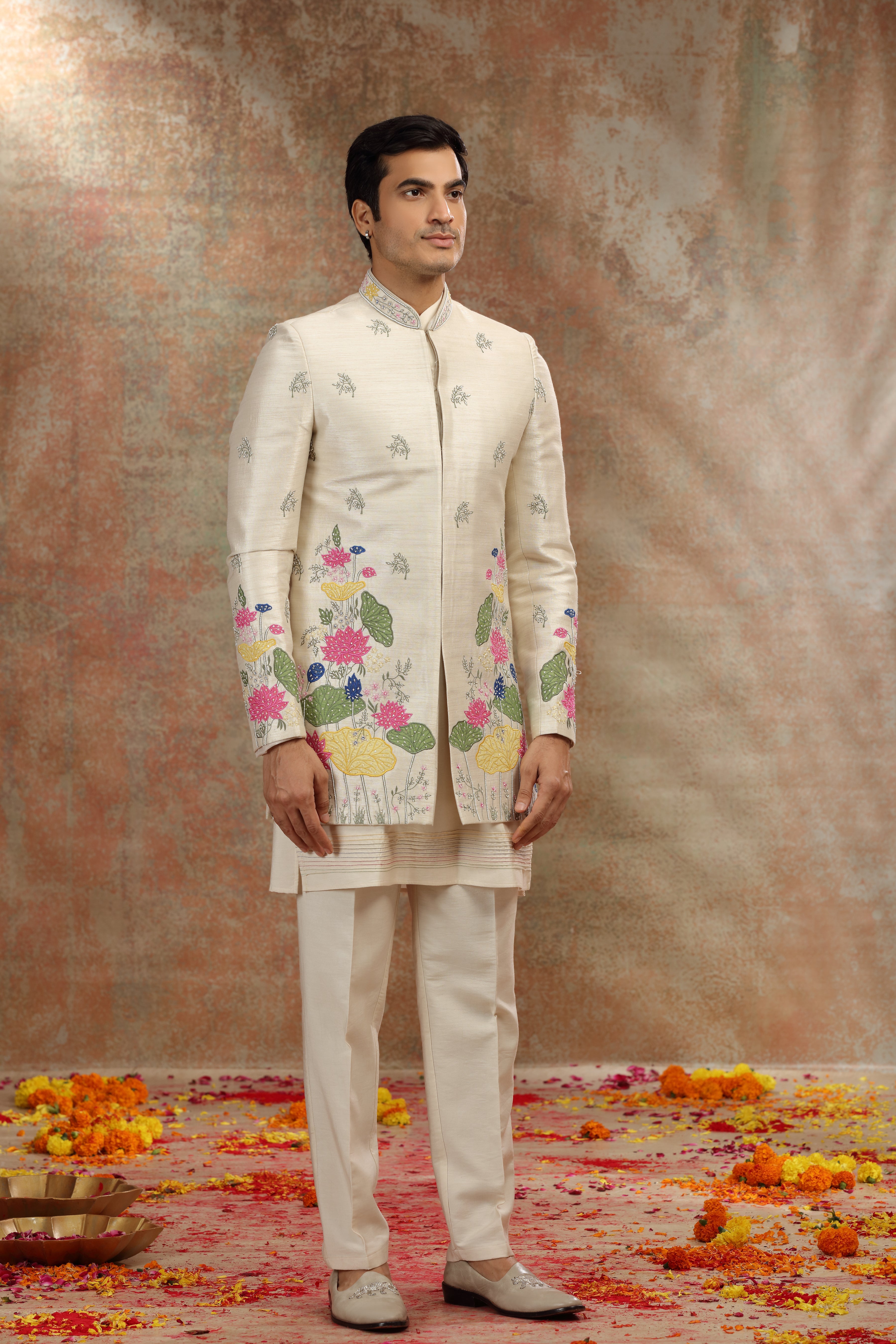 Light Beige Silk Tissue Indo Western with Patch Work